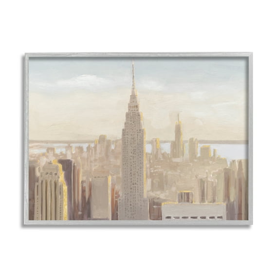 Stupell Industries Manhattan Dawn Painting Travel & Places Painting Gray Framed Art Print Wall Art, 20 x 16