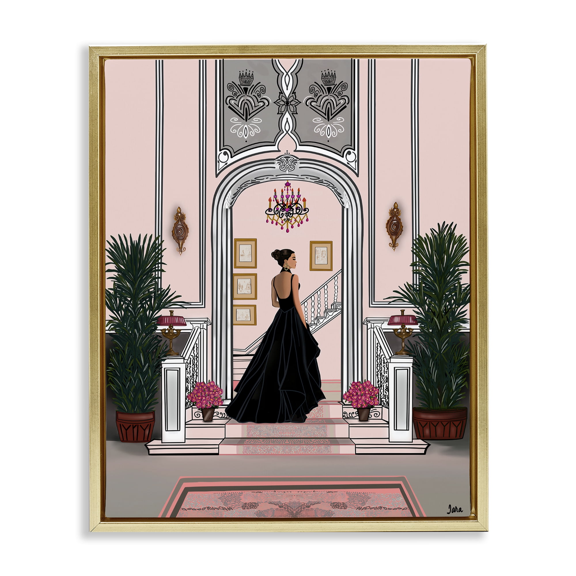 Stupell Industries Mansion Girl in Gown Gold Framed Floater Canvas Wall Art, design by Tara Boone