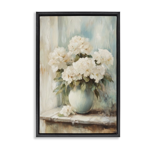 Stupell Industries Traditional Mantle Arrangement of Soft Blossoms Black Floating Frame Canvas Art, 21 x 31, by Petals Prints Design