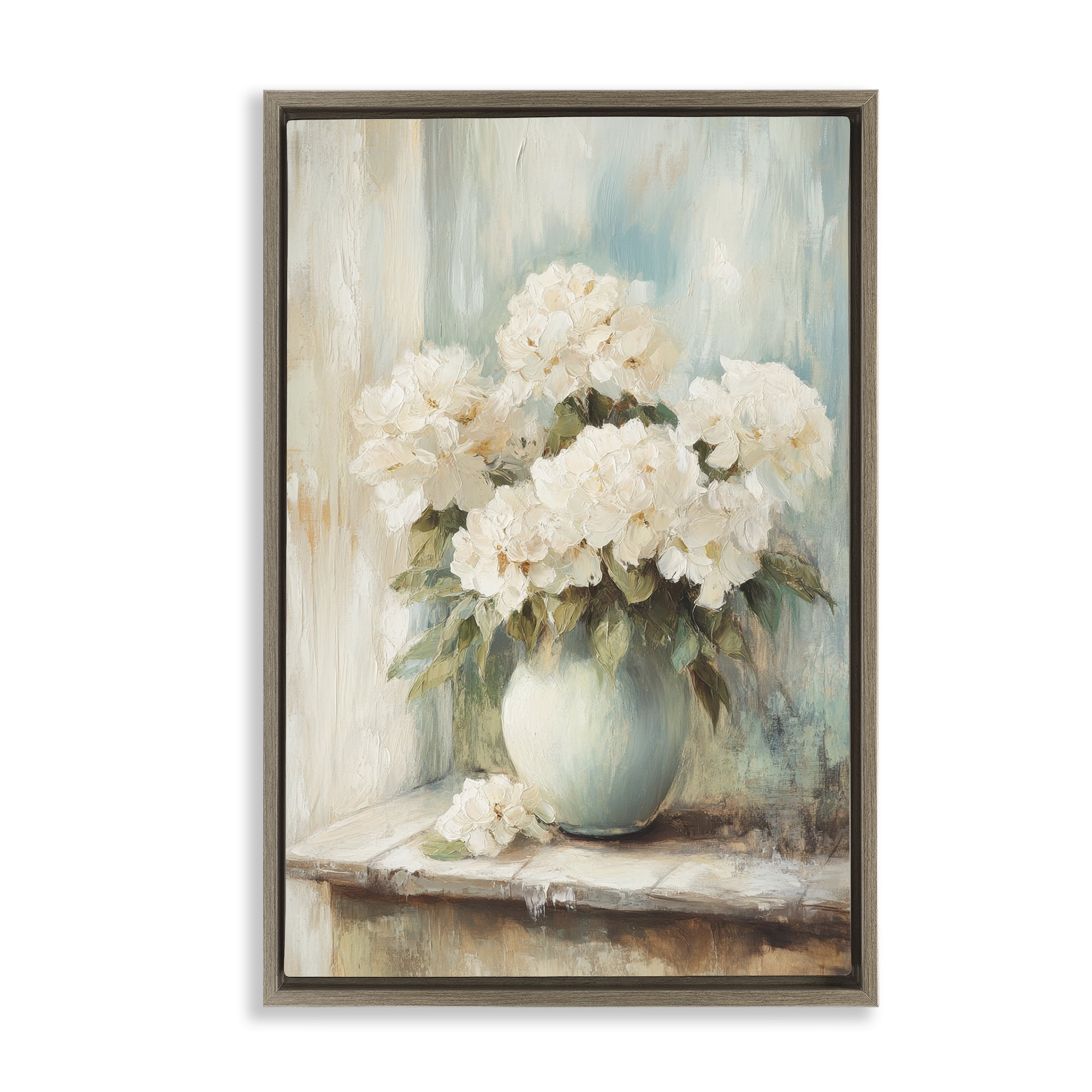 Stupell Industries Mantle Arrangement of Soft Blossoms Brown Framed Floater Canvas Wall Art, design by Petal Prints Design