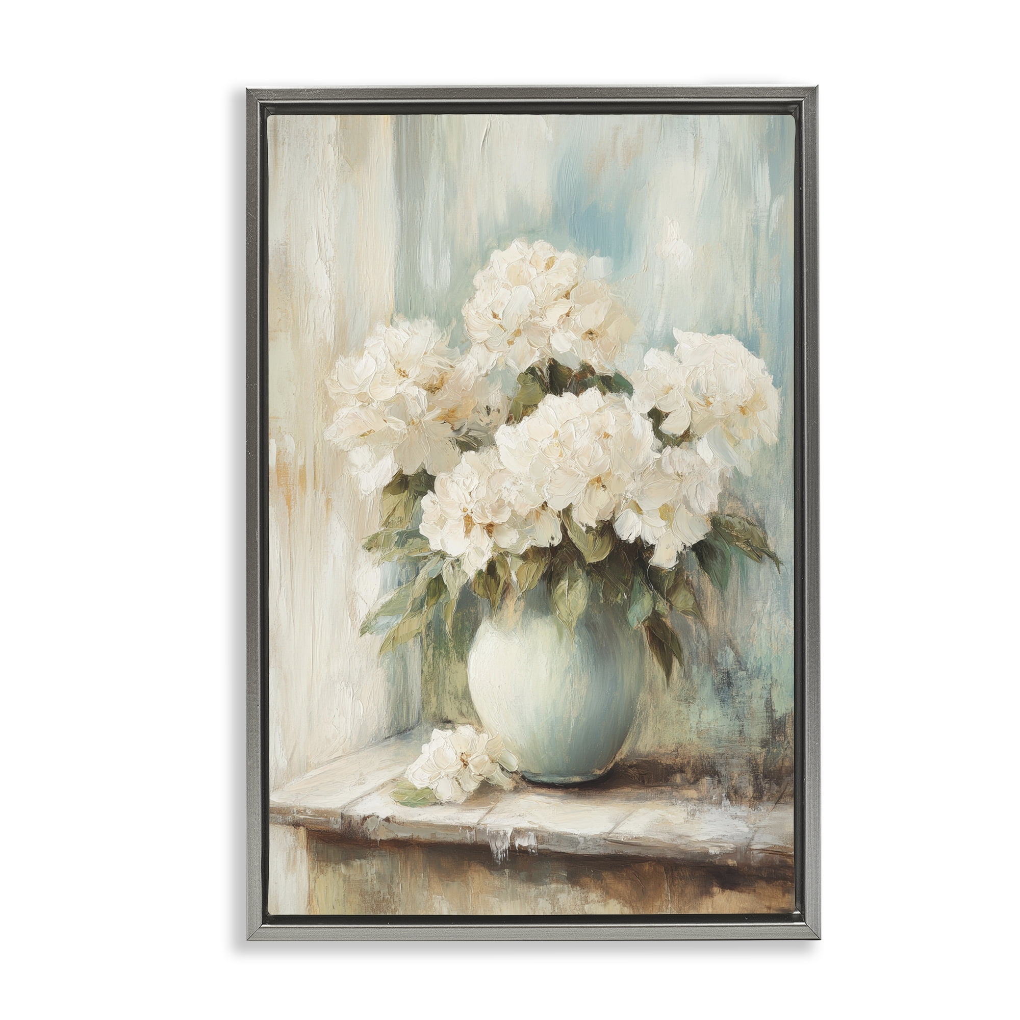 Stupell Industries Mantle Arrangement of Soft Blossoms Gray Framed Floater Canvas Wall Art, design by Petal Prints Design