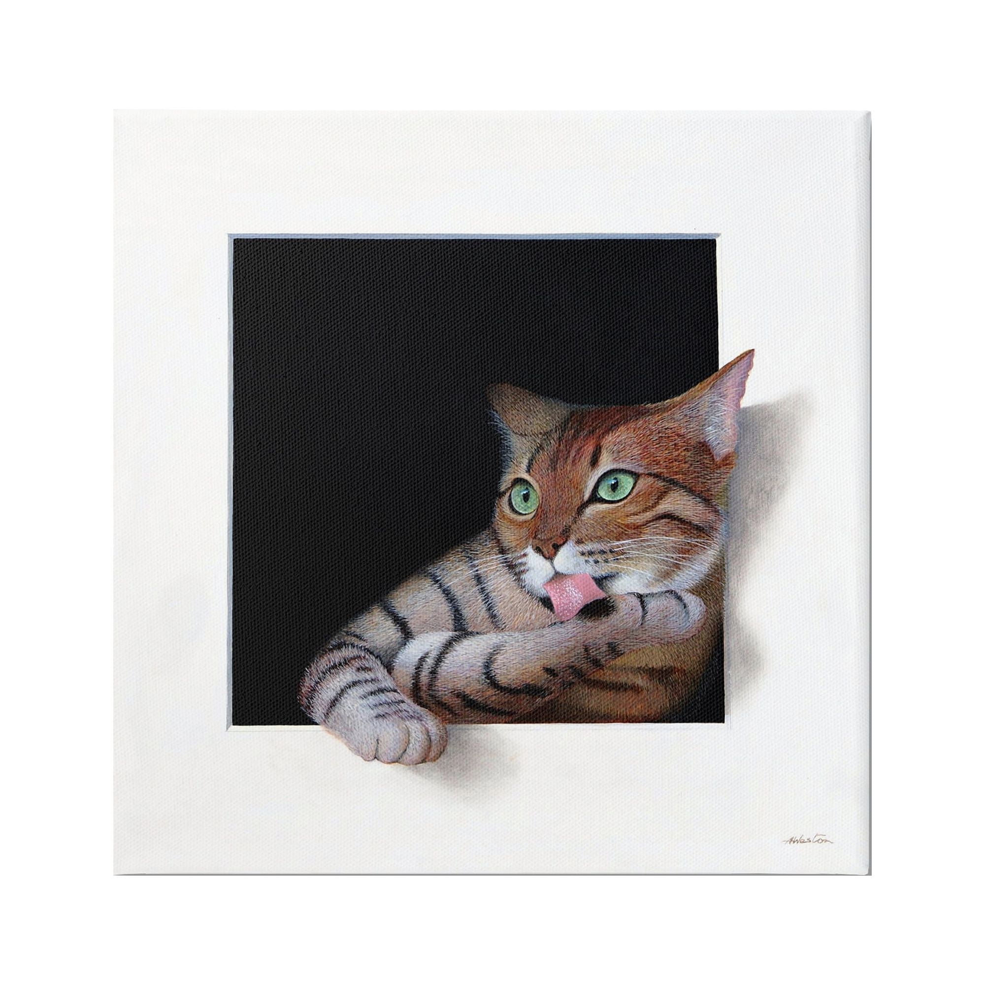 Stupell Industries Manx Cat Grooming Green Eyes Optical Illusion Painting Gallery Wrapped Canvas Print Wall Art, Design by Alan Weston