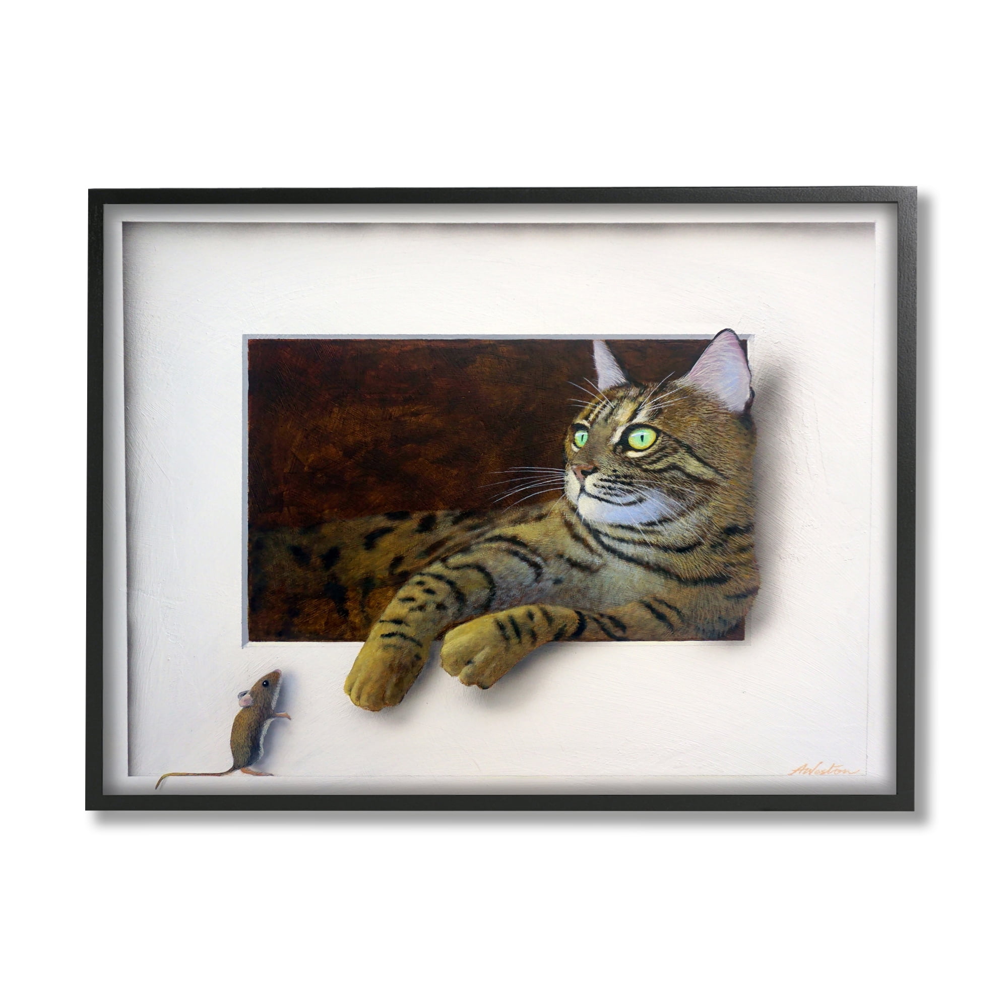 Stupell Industries Manx Cat Resting Curious Mouse Peering Illusion Painting Black Framed Art Print Wall Art, Design by Alan Weston