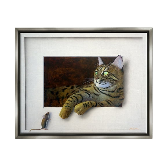 Stupell Industries Manx Cat Resting Curious Mouse Peering Illusion Painting Luster Gray Floating Framed Canvas Print Wall Art, Design by Alan Weston