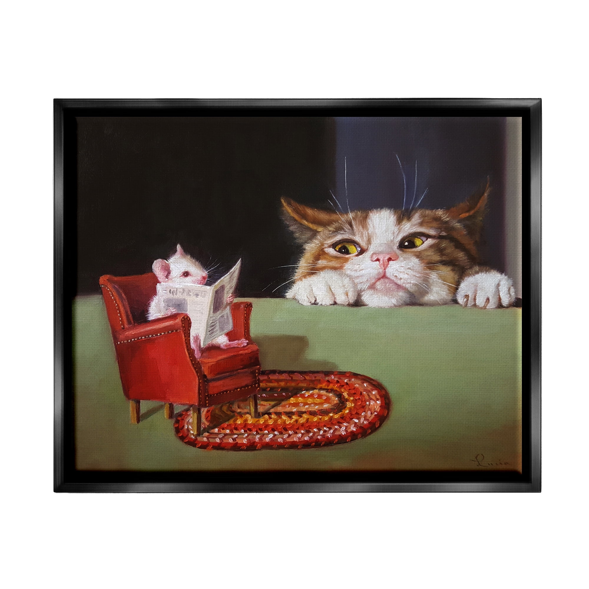 Stupell Industries Manx Cat Watching Mouse Animals & Insects Painting Black Floater Framed Art Print Wall Art, 31 x 25