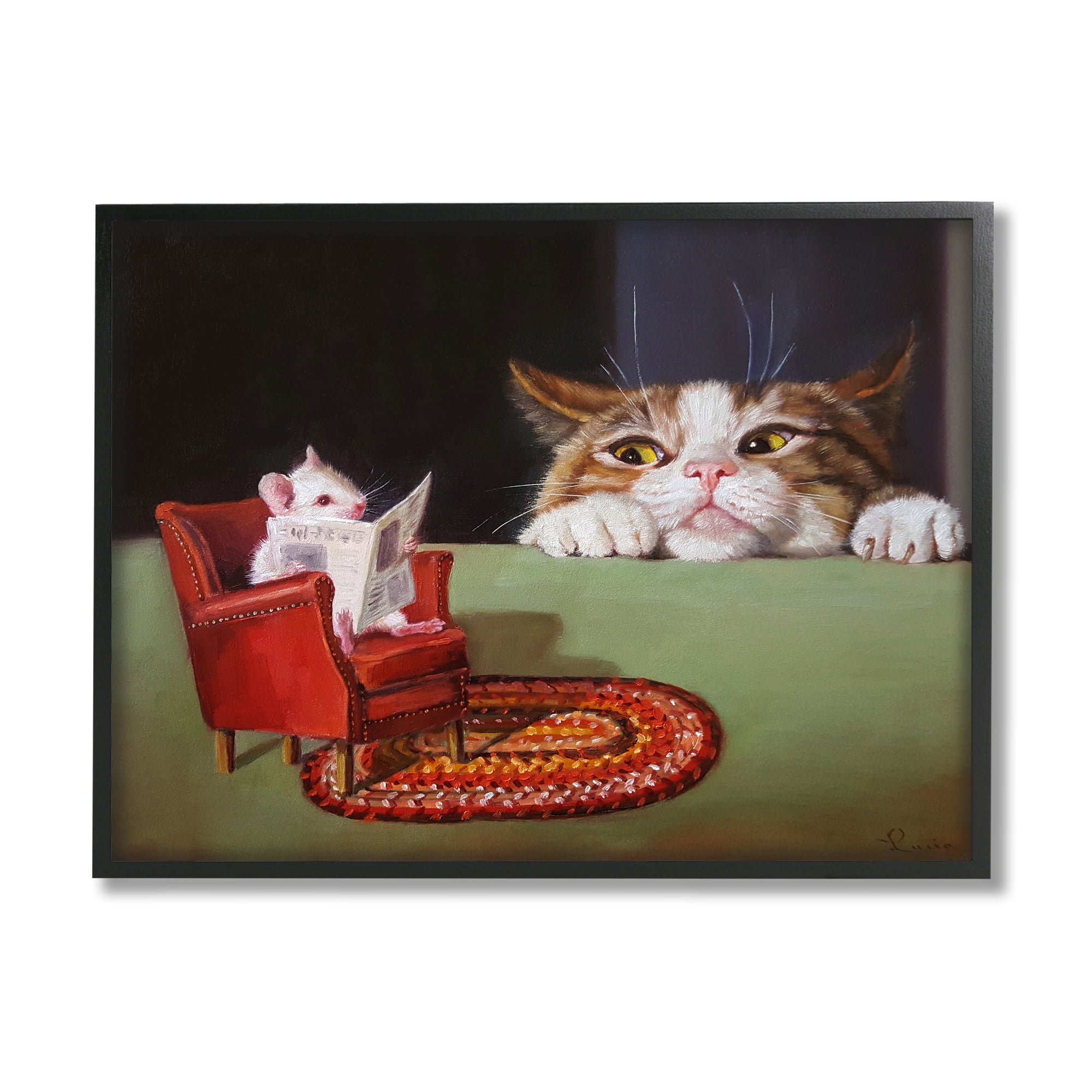 Stupell Industries Manx Cat Watching Mouse Animals & Insects Painting Black Framed Art Print Wall Art, 20 x 16