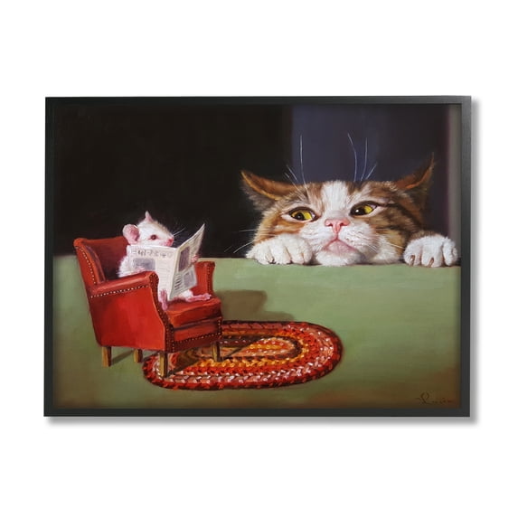 Stupell Industries Manx Cat Watching Mouse Animals & Insects Painting Black Framed Art Print Wall Art, 20 x 16