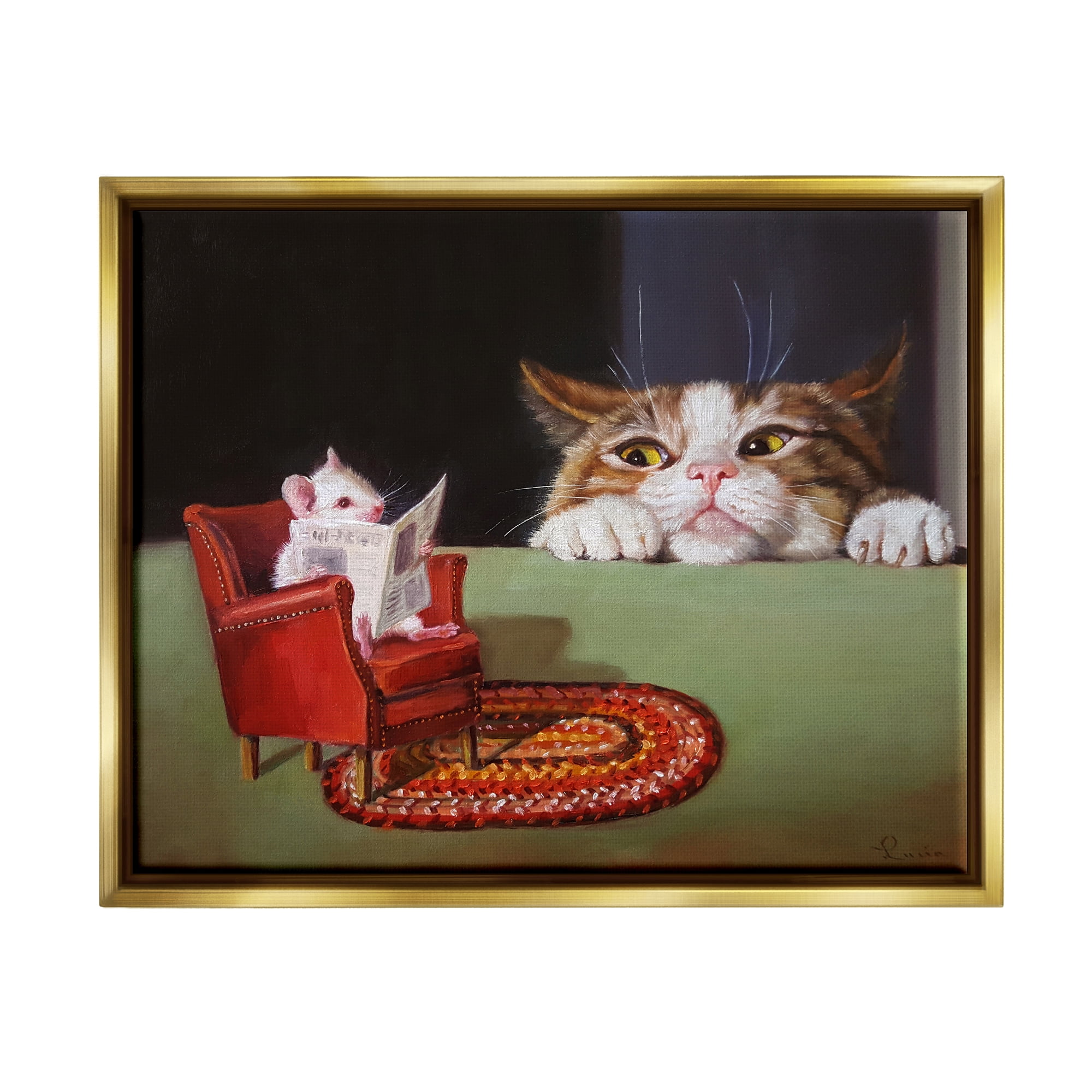 Stupell Industries Manx Cat Watching Mouse Animals & Insects Painting Gold Floater Framed Art Print Wall Art, 31 x 25