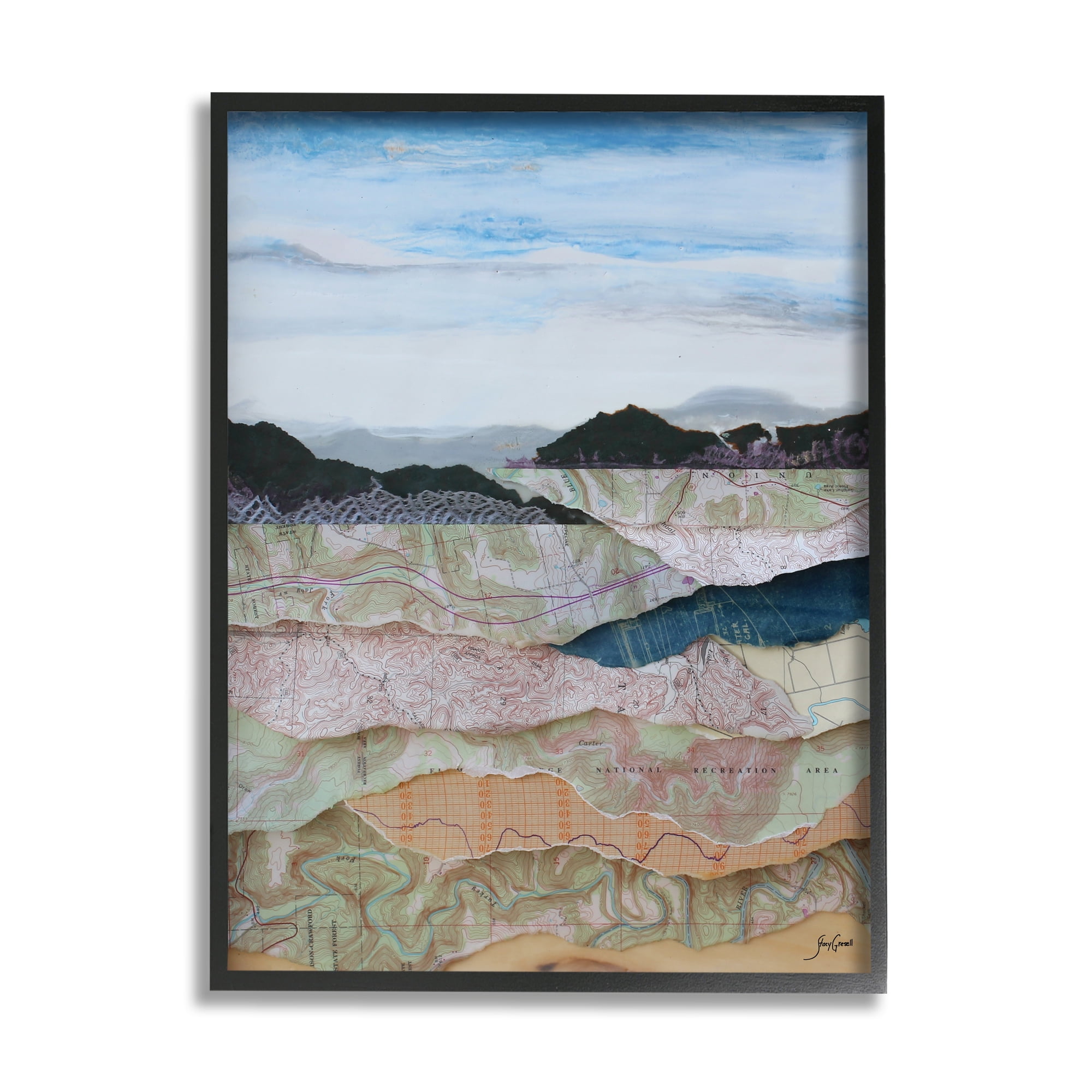 Stupell Industries Map Collage Landscape Nature Painting Black Framed Art Print Wall Art, 11 x 14
