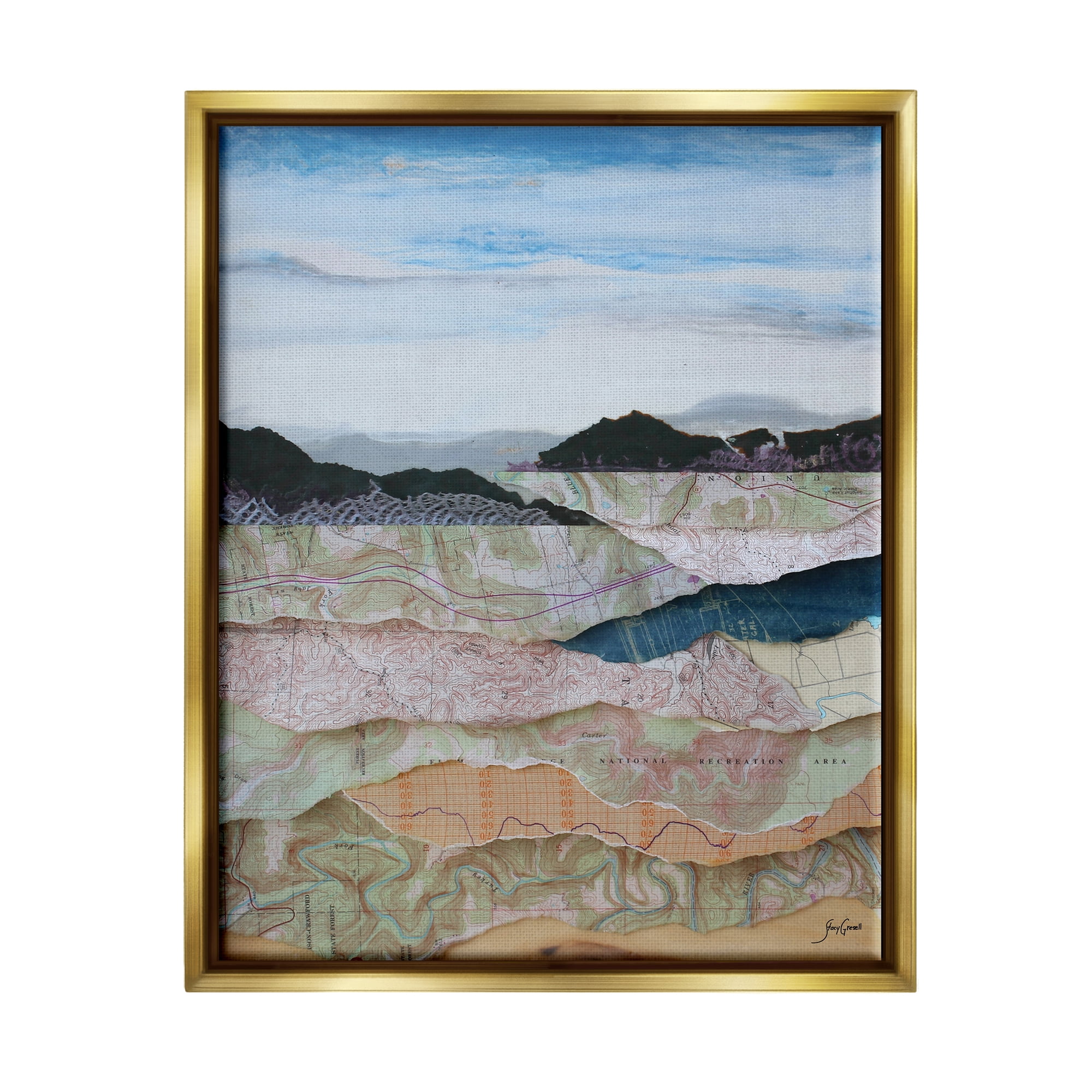 Stupell Industries Map Collage Landscape Nature Painting Gold Floater Framed Art Print Wall Art, 17 x 21
