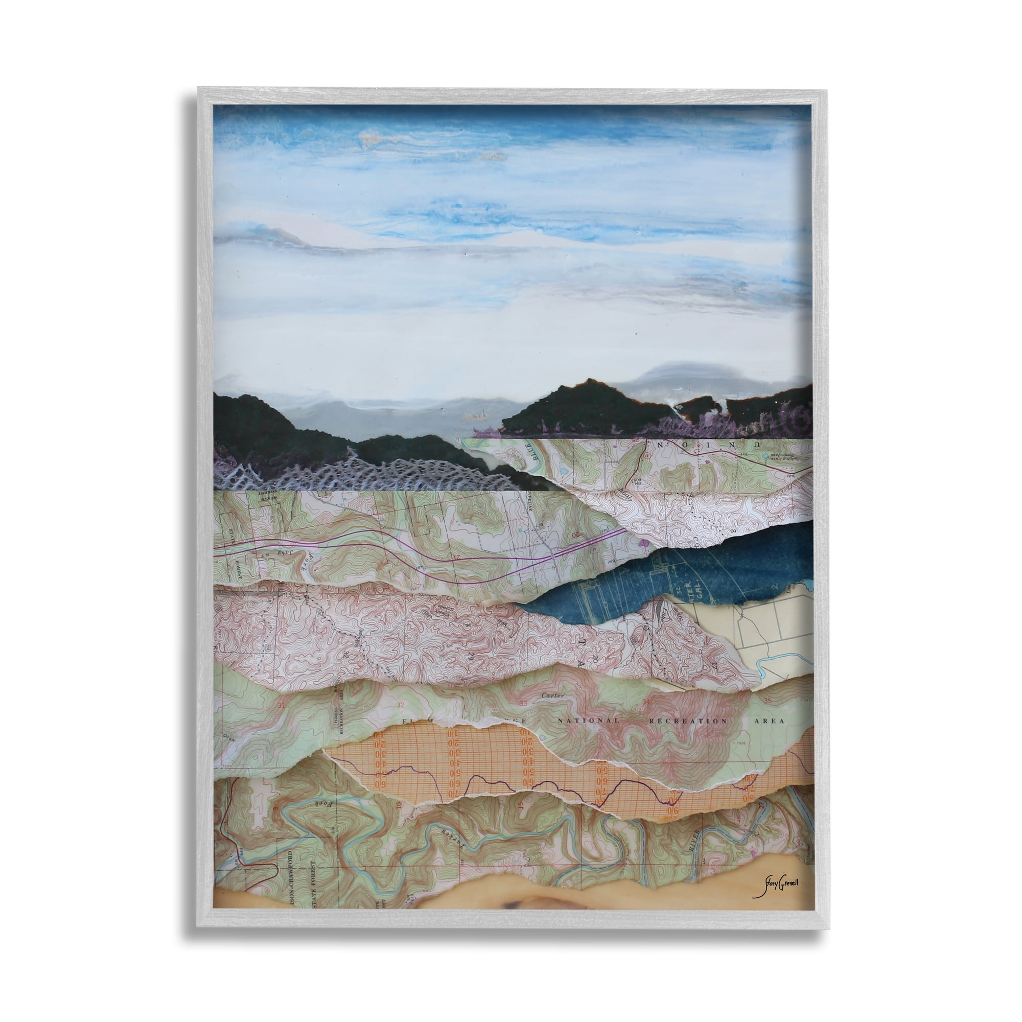 Stupell Industries Map Collage Landscape Nature Painting Gray Framed Art Print Wall Art, 16 x 20