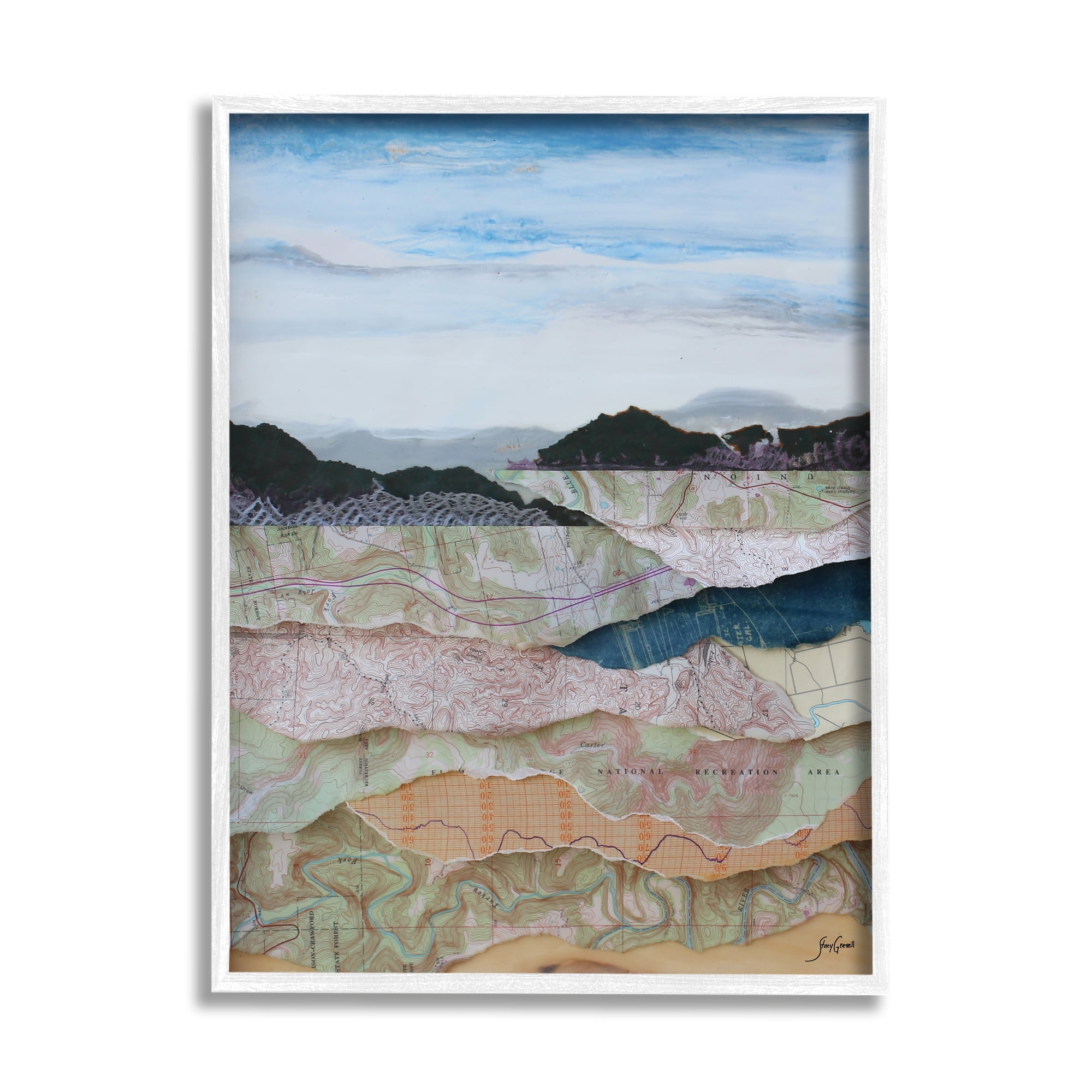 Stupell Industries Map Collage Landscape Nature Painting White Framed Art Print Wall Art, 11 x 14