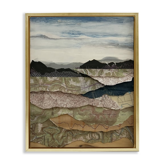 Stupell Industries Map Collaged Mountains Landscape Landscape & Nature Painting Gold Floater Framed Canvas Art Print Wall Art, 17 x 21