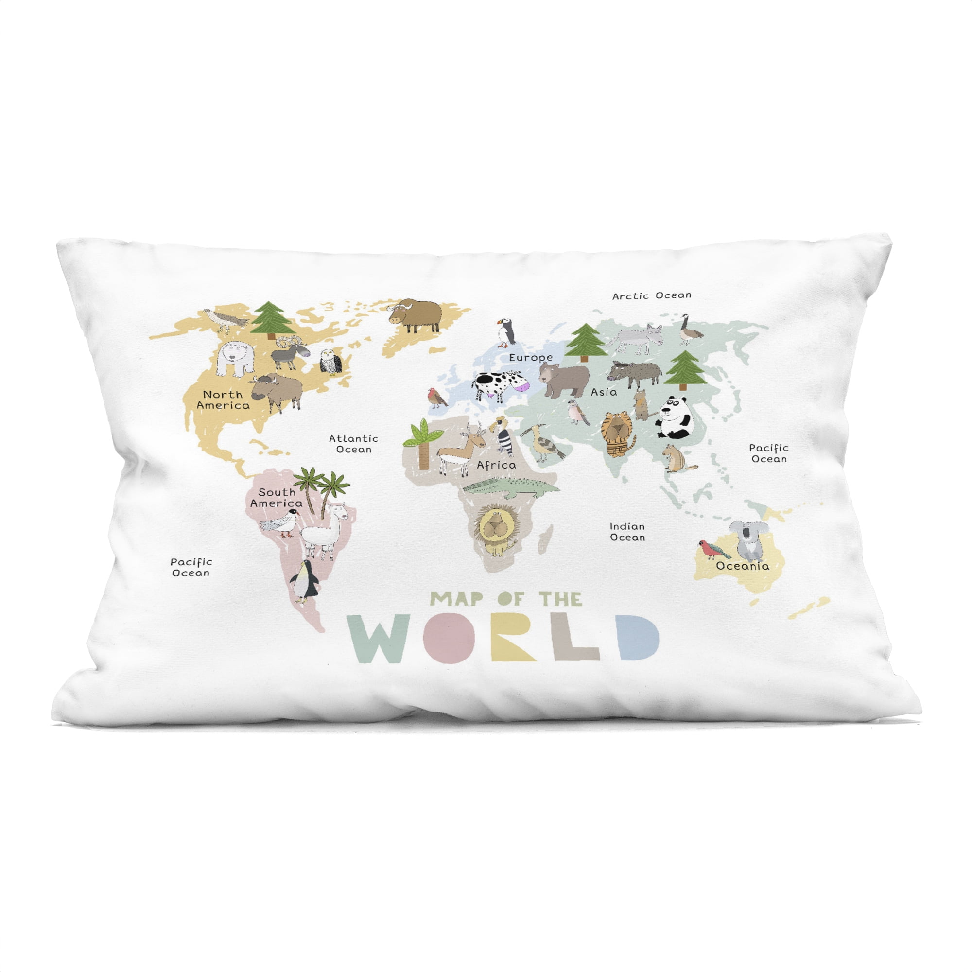 Stupell Industries Map Of World Pastel Animals Decorative Printed Throw Pillow, design by Carla Daly