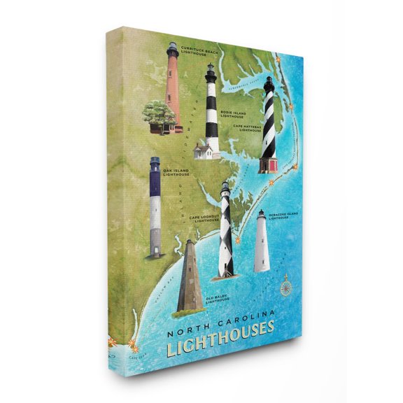 Stupell Industries Map of Lighthouses in North Carolina Coastal Design Canvas Wall Art Design by Art Licensing Studio, 16" x 20"