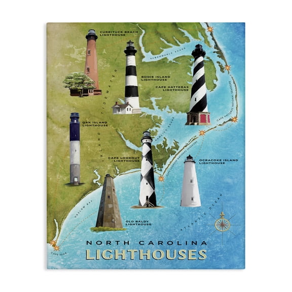Stupell Industries Coastal North Carolina Lighthouse Map Canvas Art, 36 x 48, by Art Licensing Studio