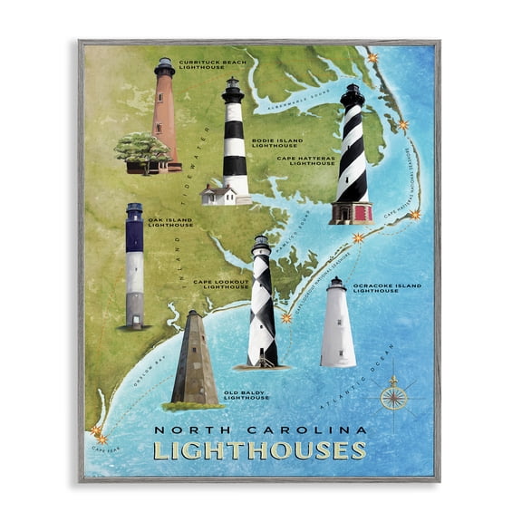 Stupell Industries Coastal North Carolina Lighthouse Map Gray Framed Giclee Art, 11 x 14, by Art Licensing Studio