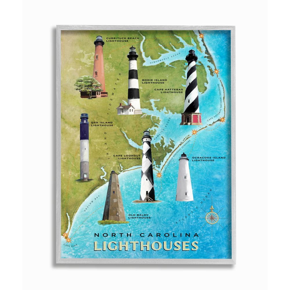 Stupell Industries Map of Lighthouses in North Carolina Coastal Design Framed Wall Art Design by Art Licensing Studio, 16" x 20", Gray Framed