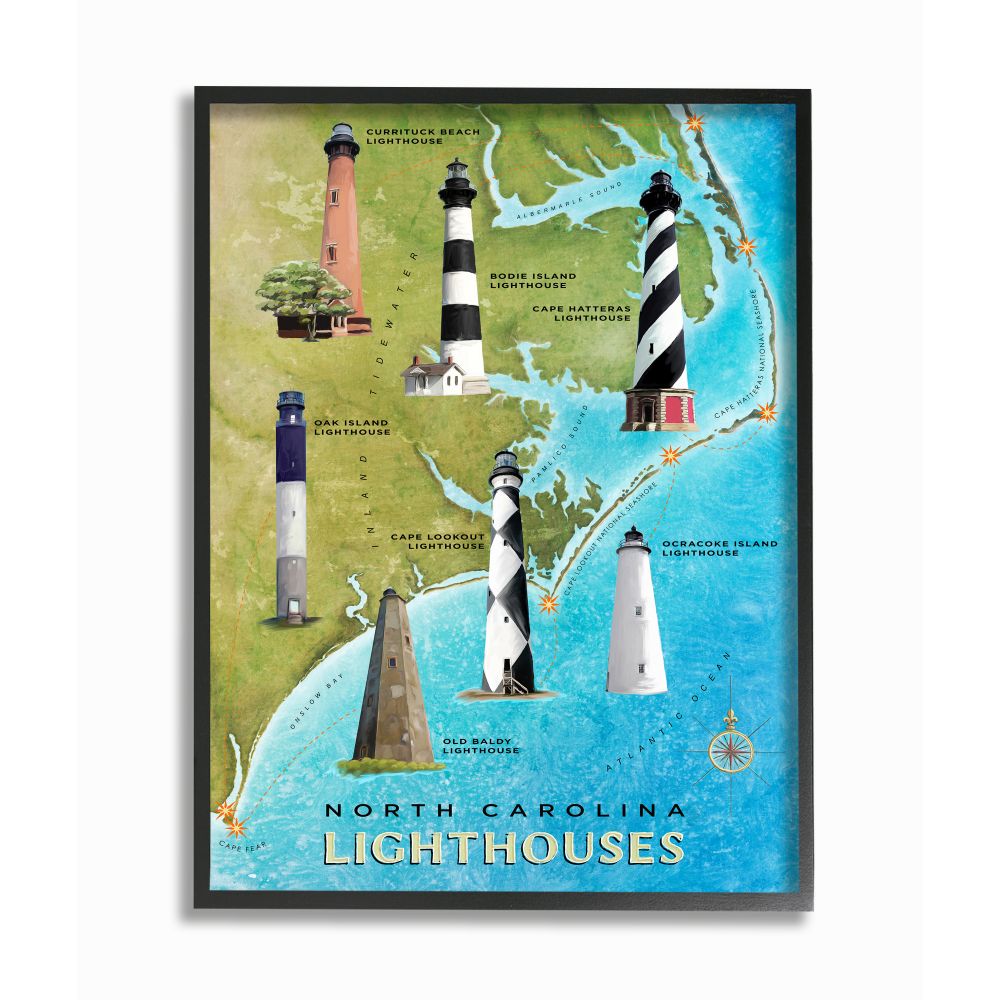 Stupell Industries Map of Lighthouses in North Carolina Coastal Design Framed Wall Art Design by Art Licensing Studio, 24" x 30", Black Framed