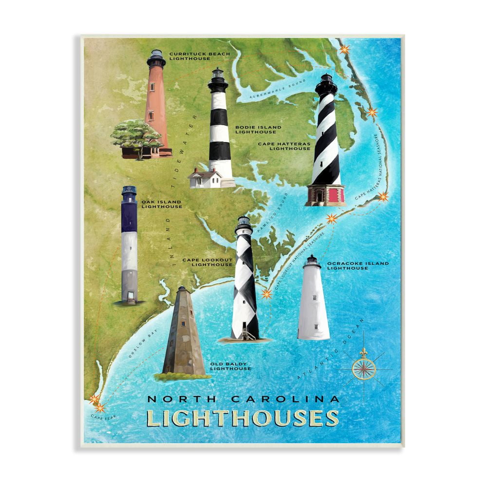 Stupell Industries Map of Lighthouses in North Carolina Coastal Design Wall Plaque Design by Art Licensing Studio