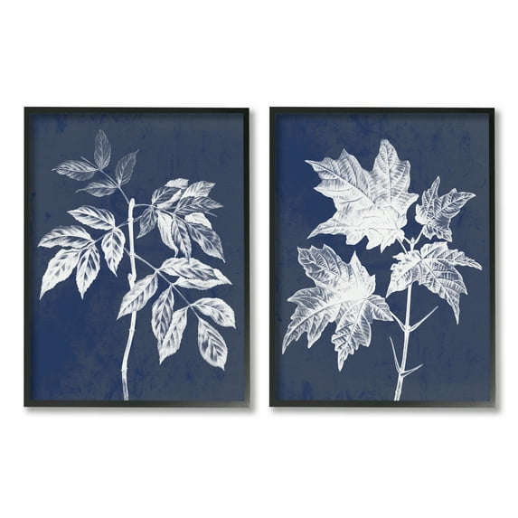 Stupell Industries Maple Leaf Elm Stem Vintage Blue White Illustration Graphic Art Black Framed Art Print Wall Art Set of 2, 11x14, by Daphne Polselli