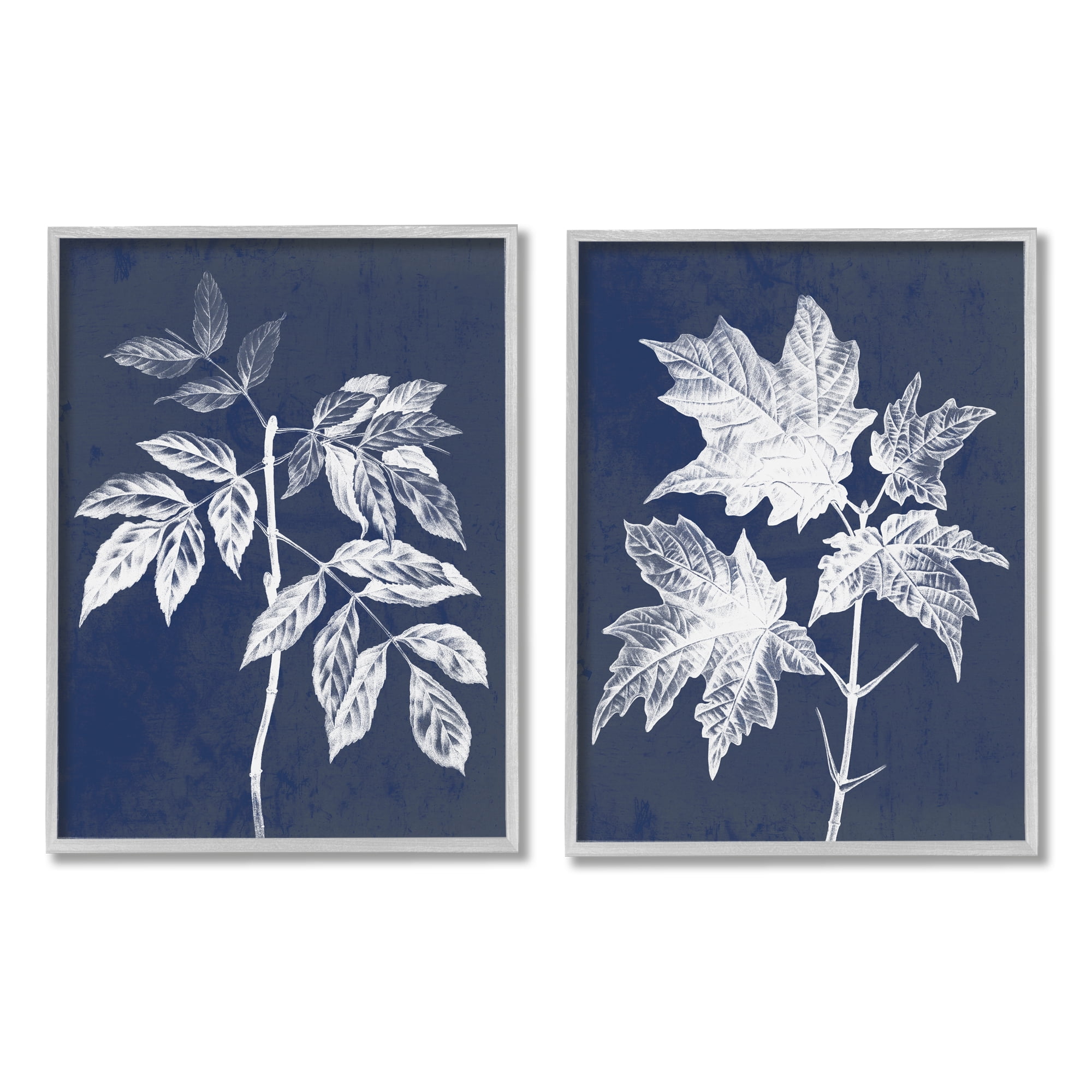 Stupell Industries Maple Leaf Elm Stem Vintage Blue White Illustration Graphic Art Gray Framed Art Print Wall Art Set of 2, 11x14, by Daphne Polselli
