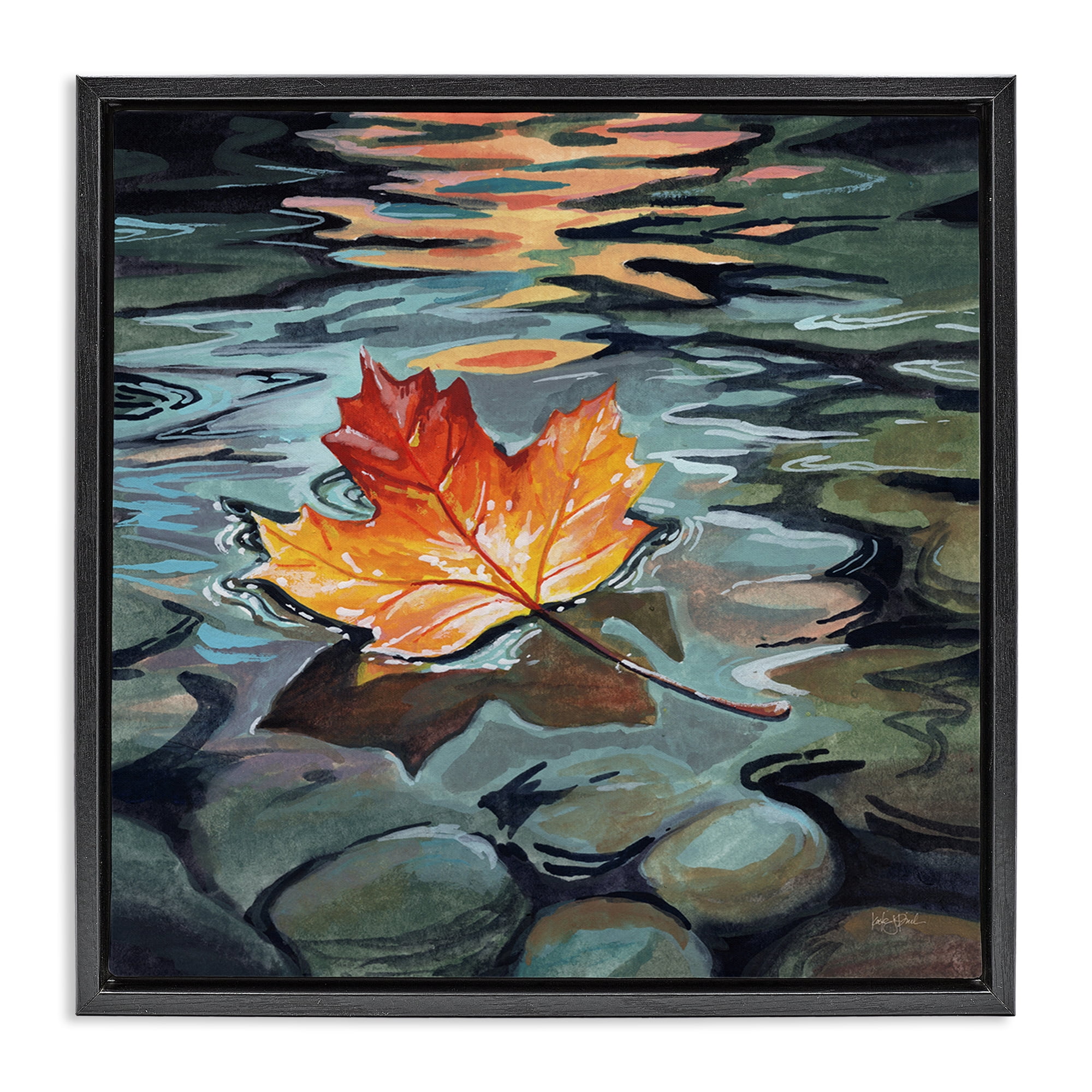 Stupell Industries Maple Leaf Floating in Stream Black Framed Floater Canvas Wall Art, design by Kate Jarvik Birch