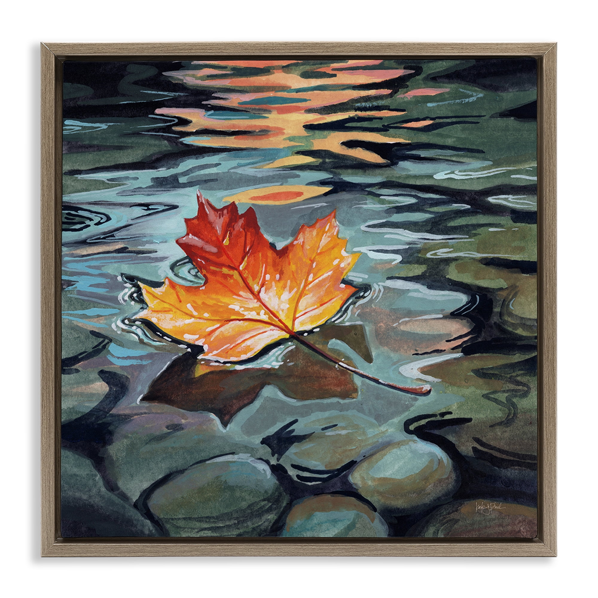 Stupell Industries Maple Leaf Floating in Stream Brown Framed Floater Canvas Wall Art, design by Kate Jarvik Birch