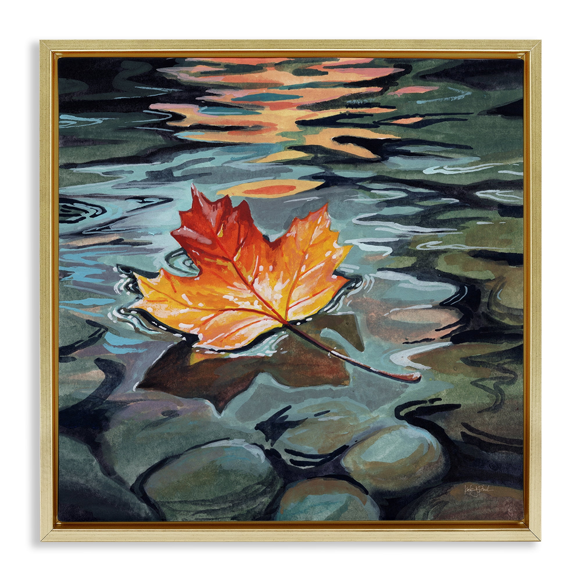 Stupell Industries Maple Leaf Floating in Stream Gold Framed Floater Canvas Wall Art, design by Kate Jarvik Birch