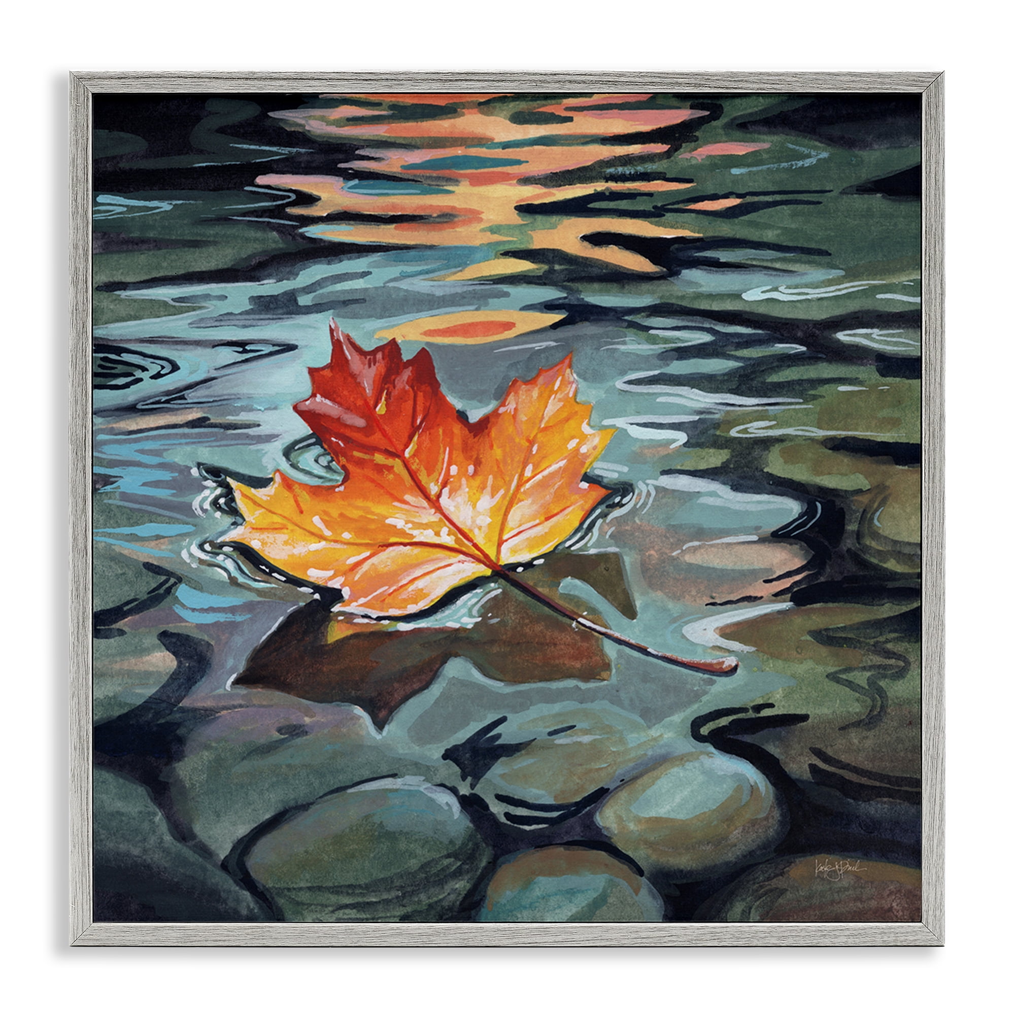 Stupell Industries Maple Leaf Floating in Stream Gray Framed Giclee Art, design by Kate Jarvik Birch