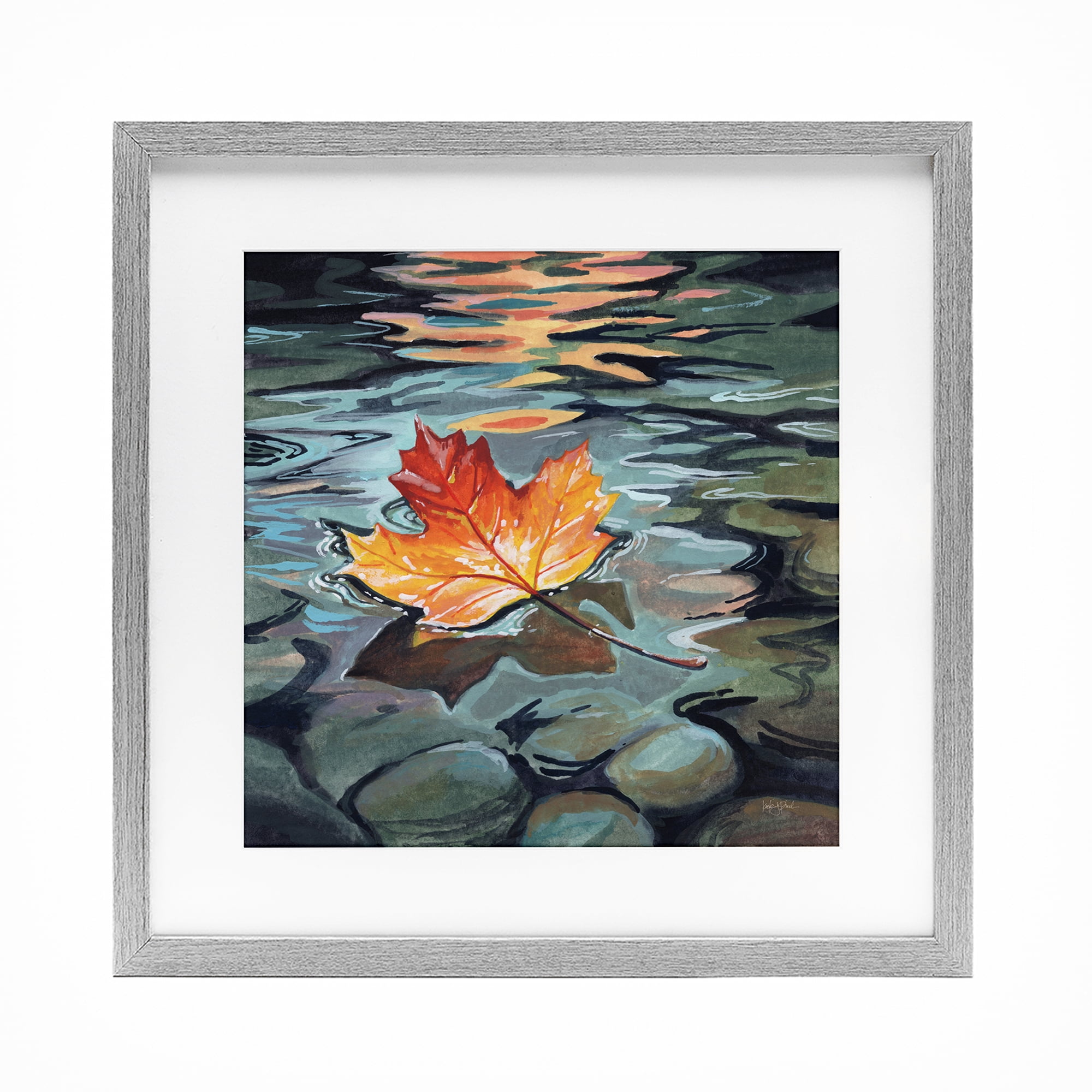 Stupell Industries Maple Leaf Floating in Stream Gray Framed Print Under Glass, design by Kate Jarvik Birch