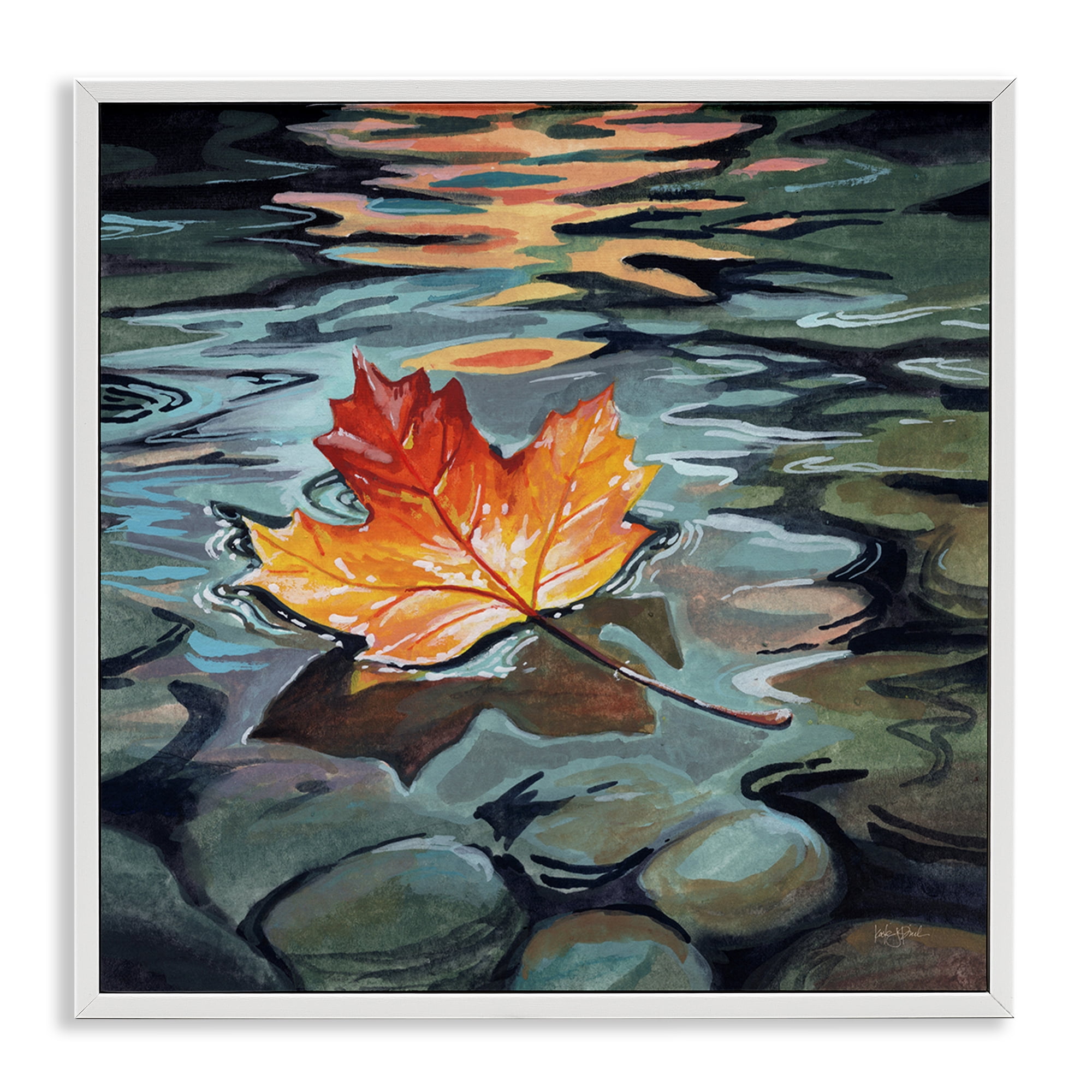 Stupell Industries Maple Leaf Floating in Stream White Framed Giclee Art, design by Kate Jarvik Birch