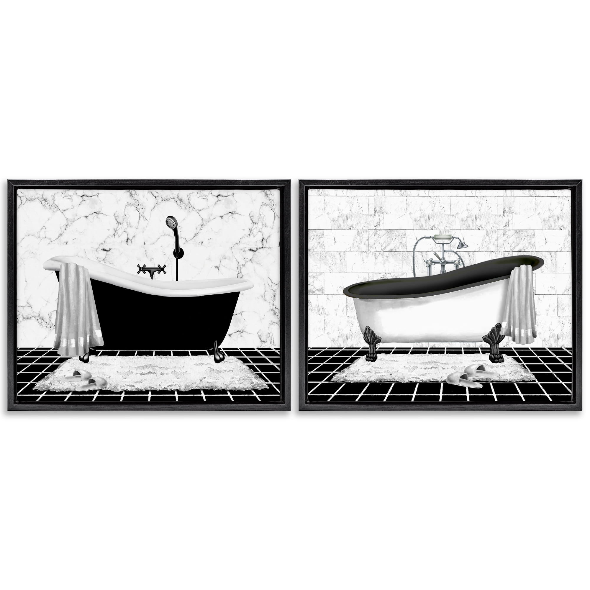 Stupell Industries Marble Clawfoot Soaking Tub Bath & Laundry Painting Black Floater Framed Canvas Art Print Wall Art, 21 x 17, Set of 2
