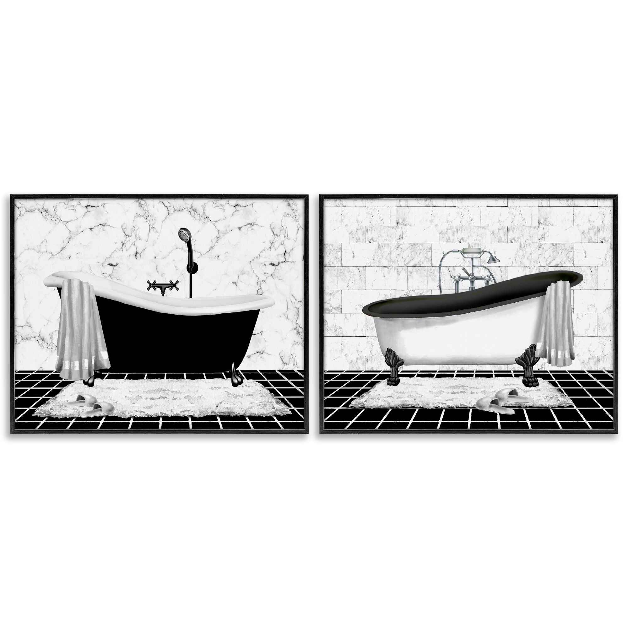 Stupell Industries Marble Clawfoot Soaking Tub Bath & Laundry Painting Black Framed Art Print Wall Art, 20 x 16, Set of 2
