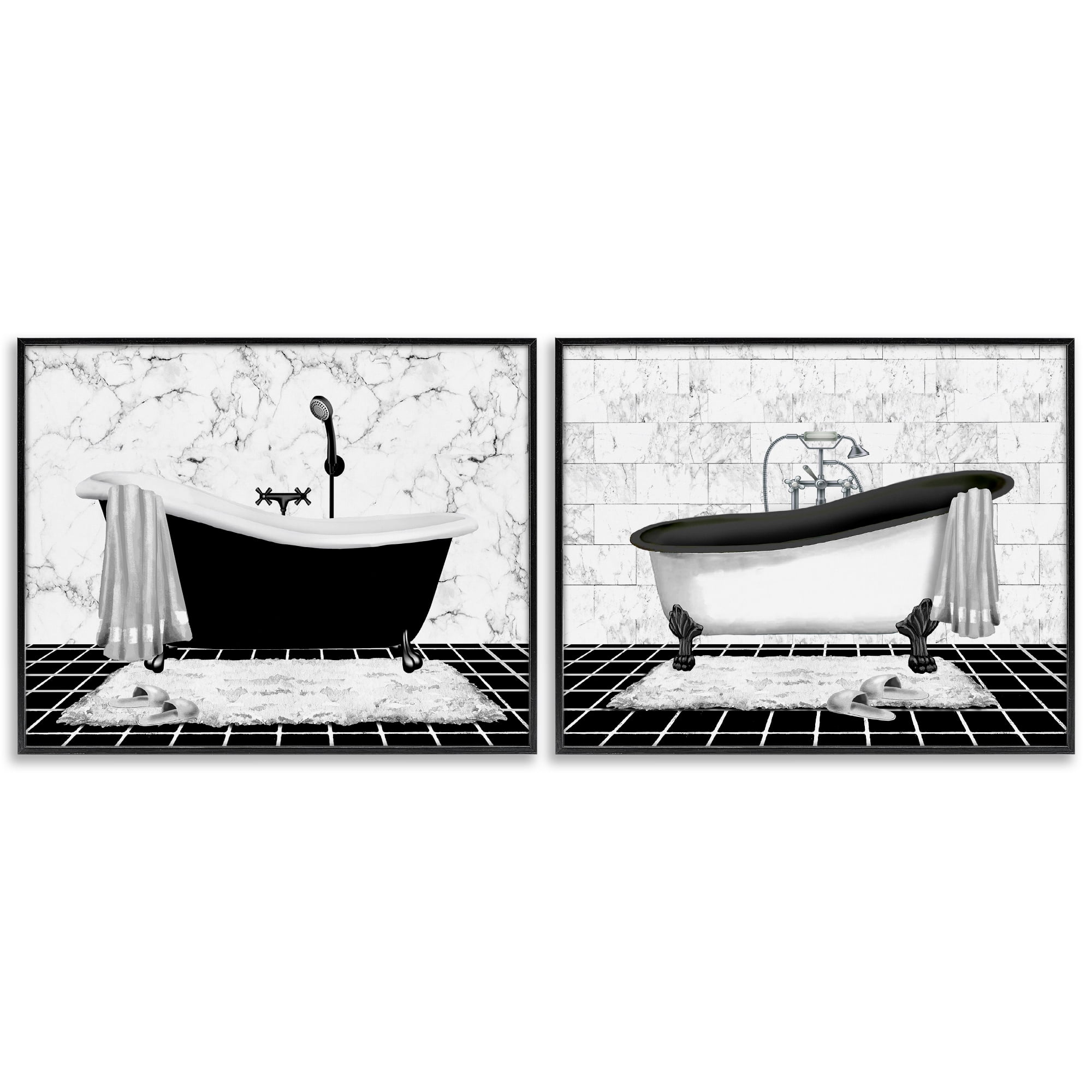 Stupell Industries Marble Clawfoot Soaking Tub Bath & Laundry Painting Black Framed Art Print Wall Art, 30 x 24, Set of 2
