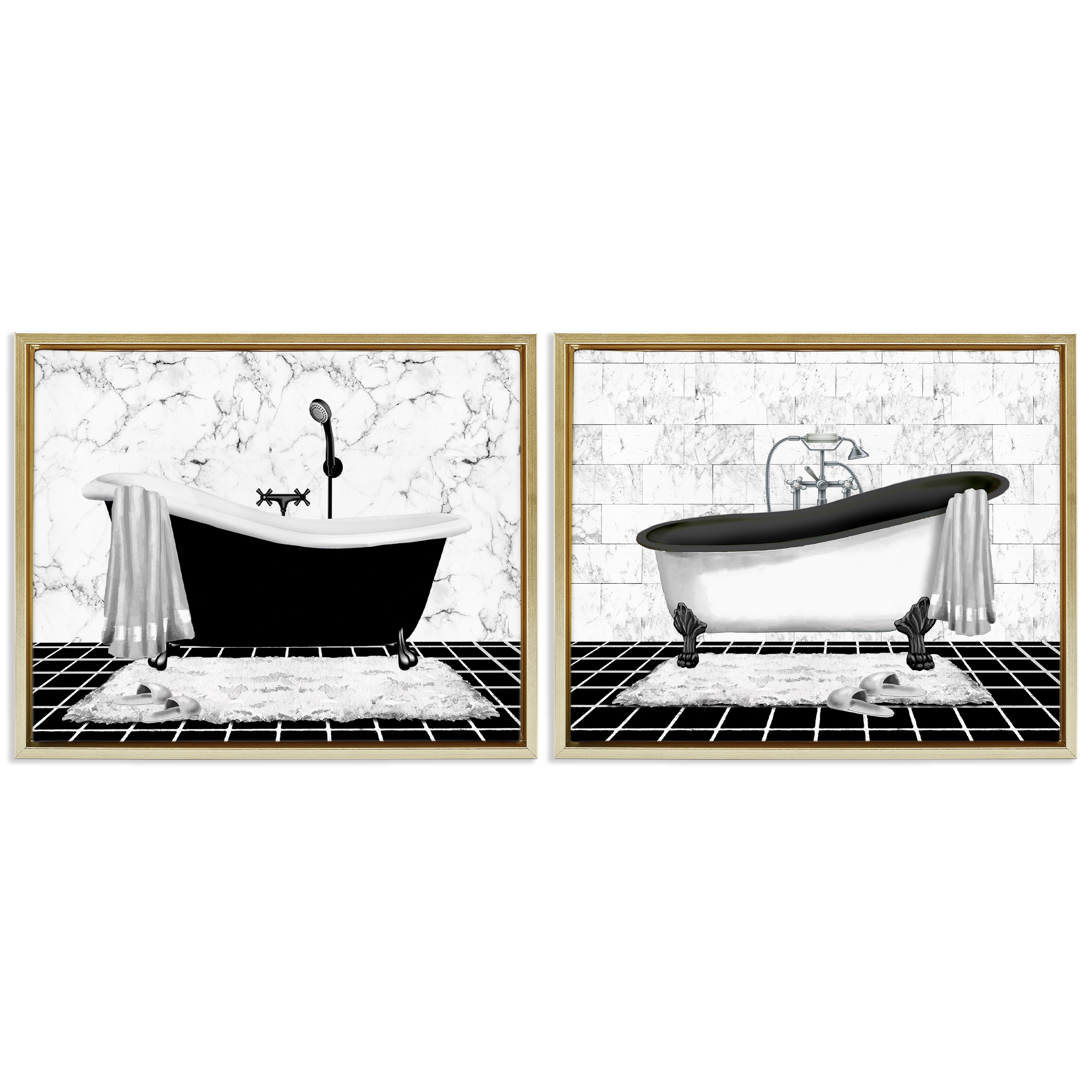 Stupell Industries Marble Clawfoot Soaking Tub Bath & Laundry Painting Gold Floater Framed Canvas Art Print Wall Art, 21 x 17, Set of 2