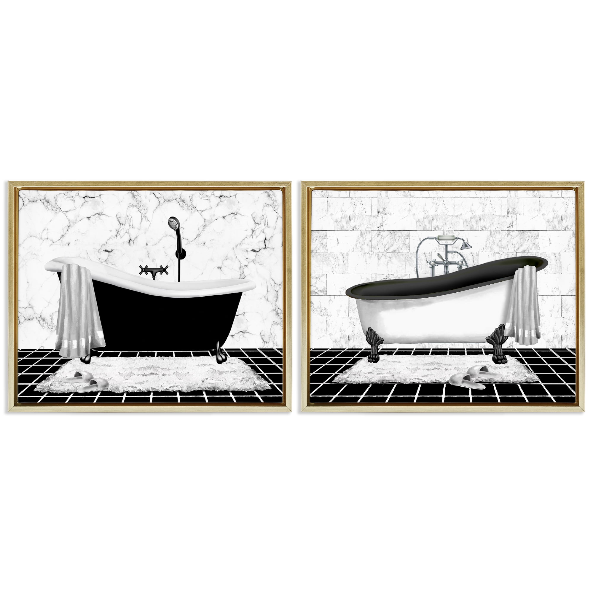 Stupell Industries Marble Clawfoot Soaking Tub Bath & Laundry Painting Gold Floater Framed Canvas Art Print Wall Art, 31 x 25, Set of 2
