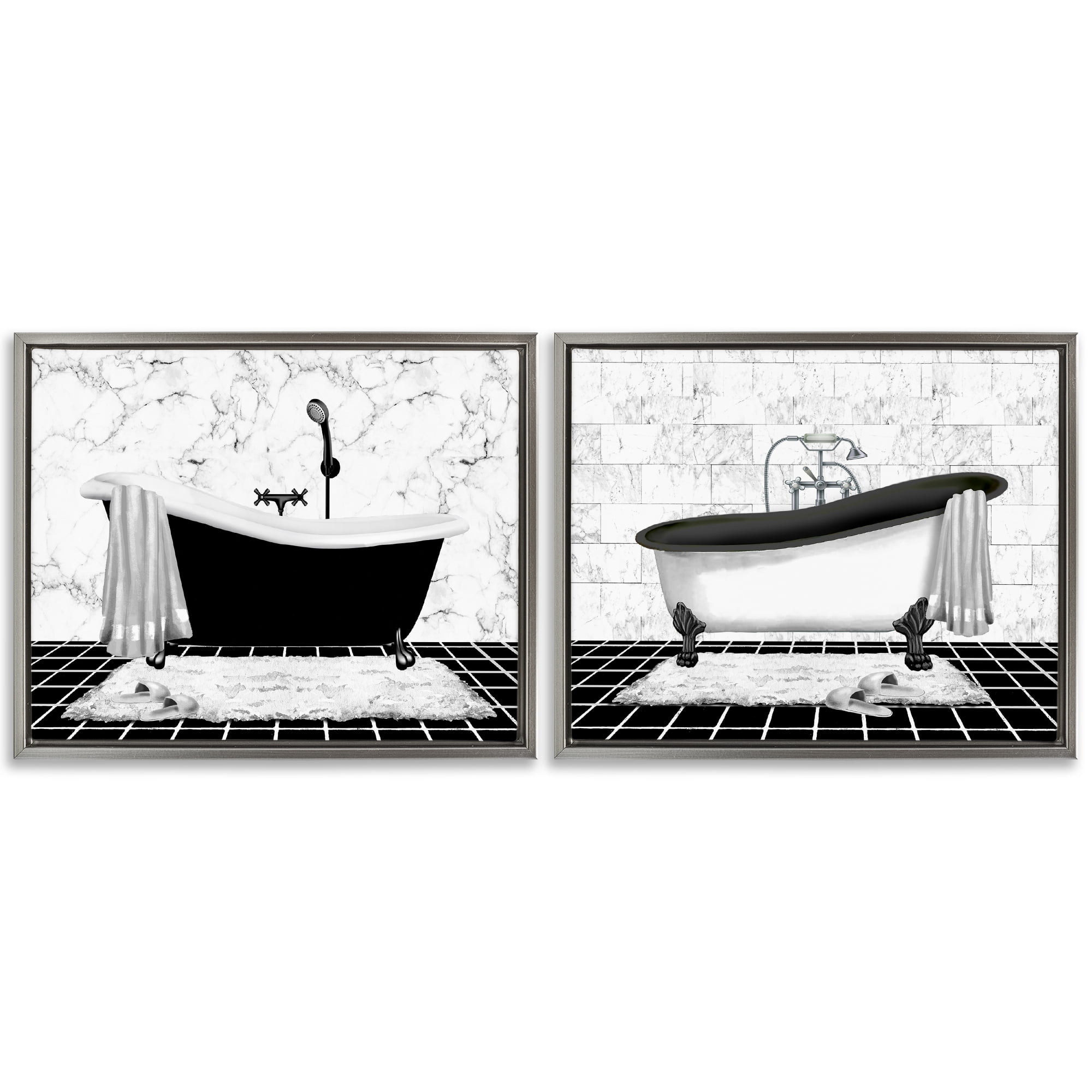 Stupell Industries Marble Clawfoot Soaking Tub Bath & Laundry Painting Gray Floater Framed Canvas Art Print Wall Art, 21 x 17, Set of 2