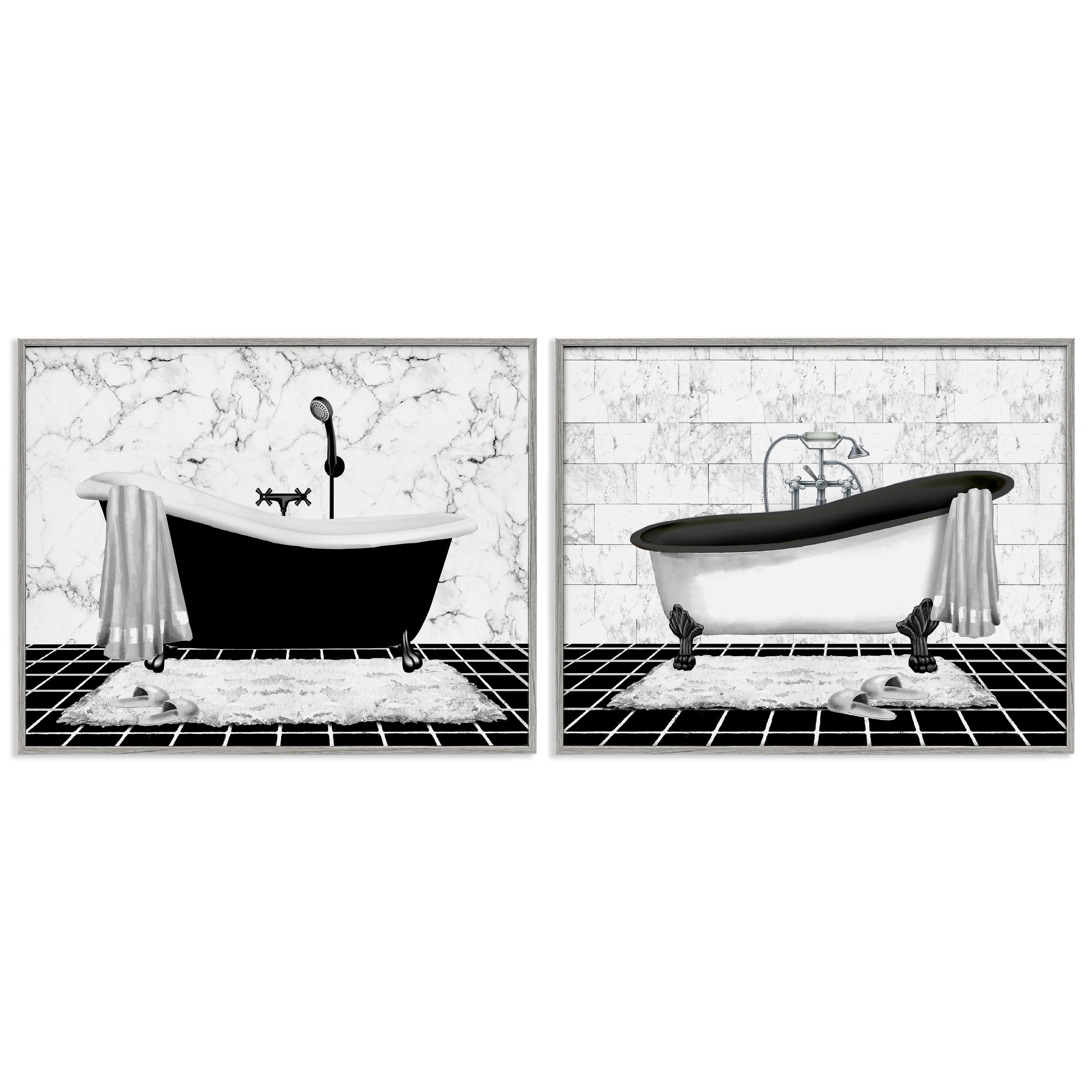Stupell Industries Marble Clawfoot Soaking Tub Bath & Laundry Painting Gray Framed Art Print Wall Art, 30 x 24, Set of 2