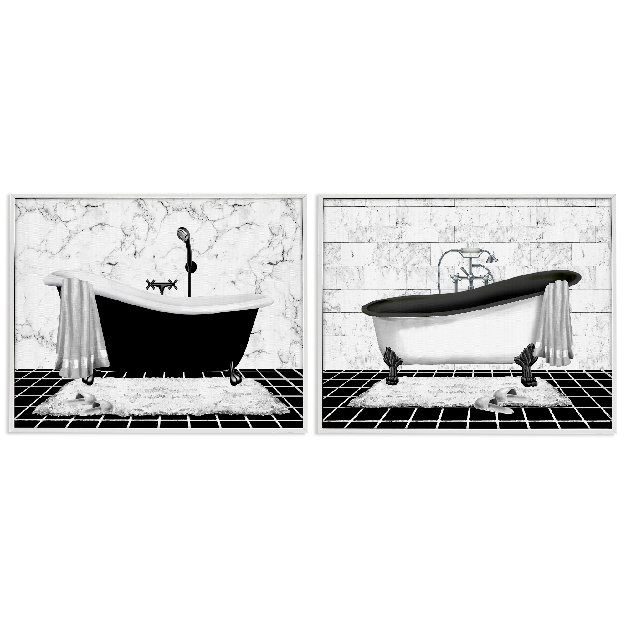 Stupell Industries Marble Clawfoot Soaking Tub Bath & Laundry Painting White Framed Art Print Wall Art, 14 x 11, Set of 2