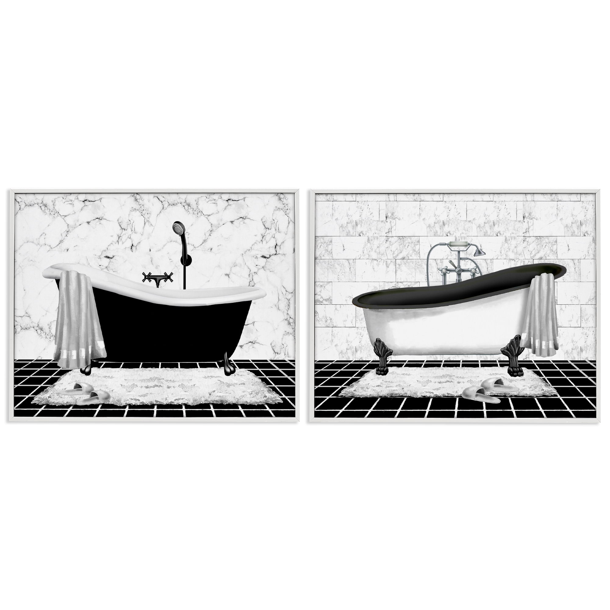 Stupell Industries Marble Clawfoot Soaking Tub Bath & Laundry Painting White Framed Art Print Wall Art, 20 x 16, Set of 2