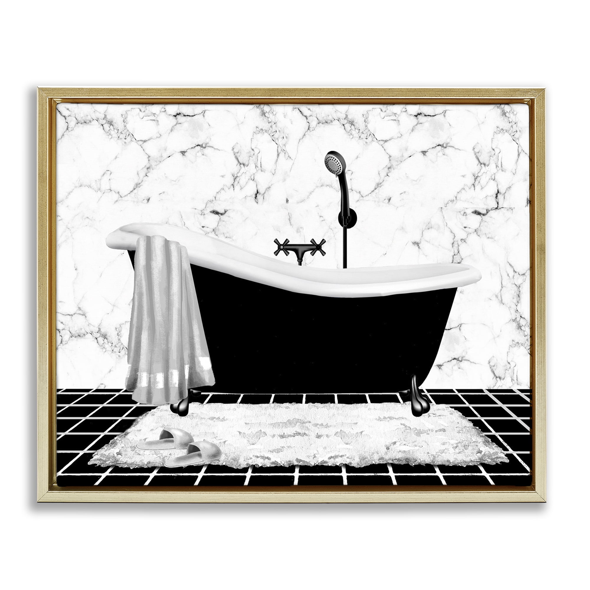 Stupell Industries Marble Pattern Tub Typography Painting Gold Floater Framed Canvas Art Print Wall Art, 31 x 25