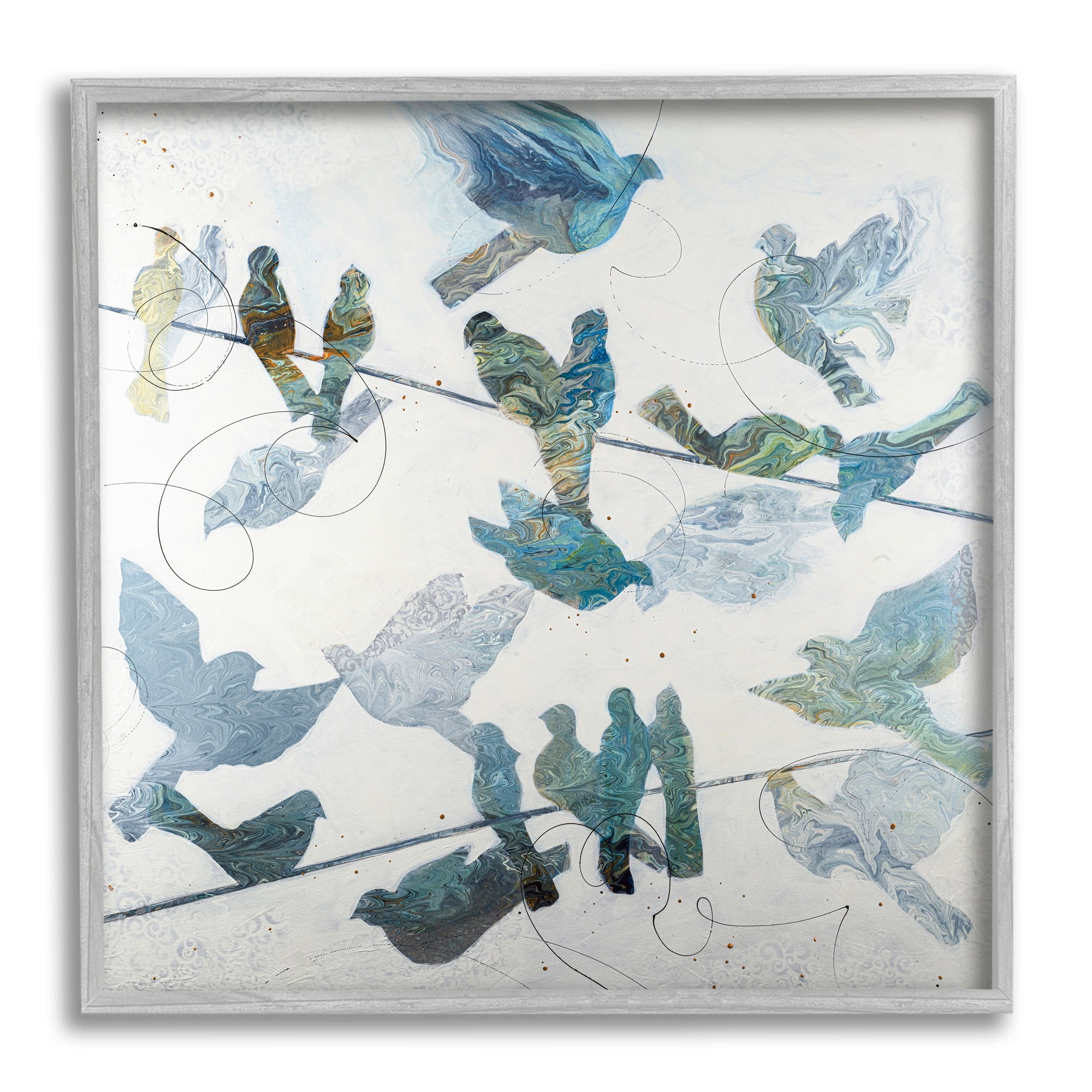Stupell Industries Marbled Blue Birds Telephone Wire Speckled Collage Graphic Art Gray Framed Art Print Wall Art, Design by Ruth Fromstein