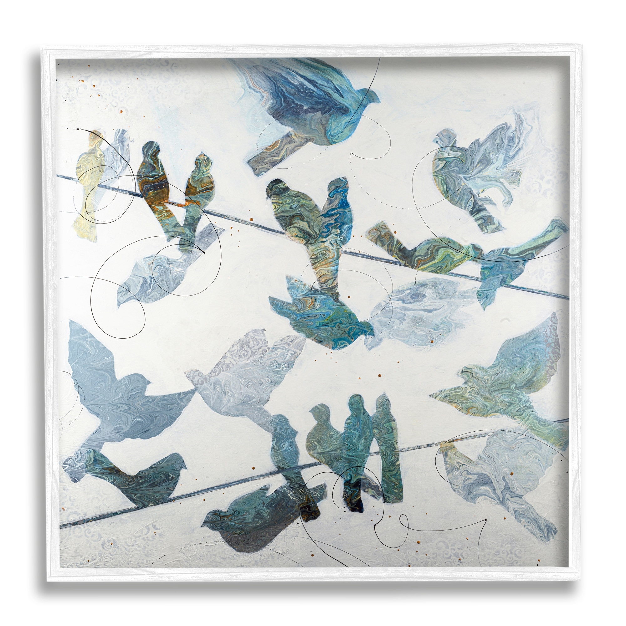 Stupell Industries Marbled Blue Birds Telephone Wire Speckled Collage Graphic Art White Framed Art Print Wall Art, Design by Ruth Fromstein