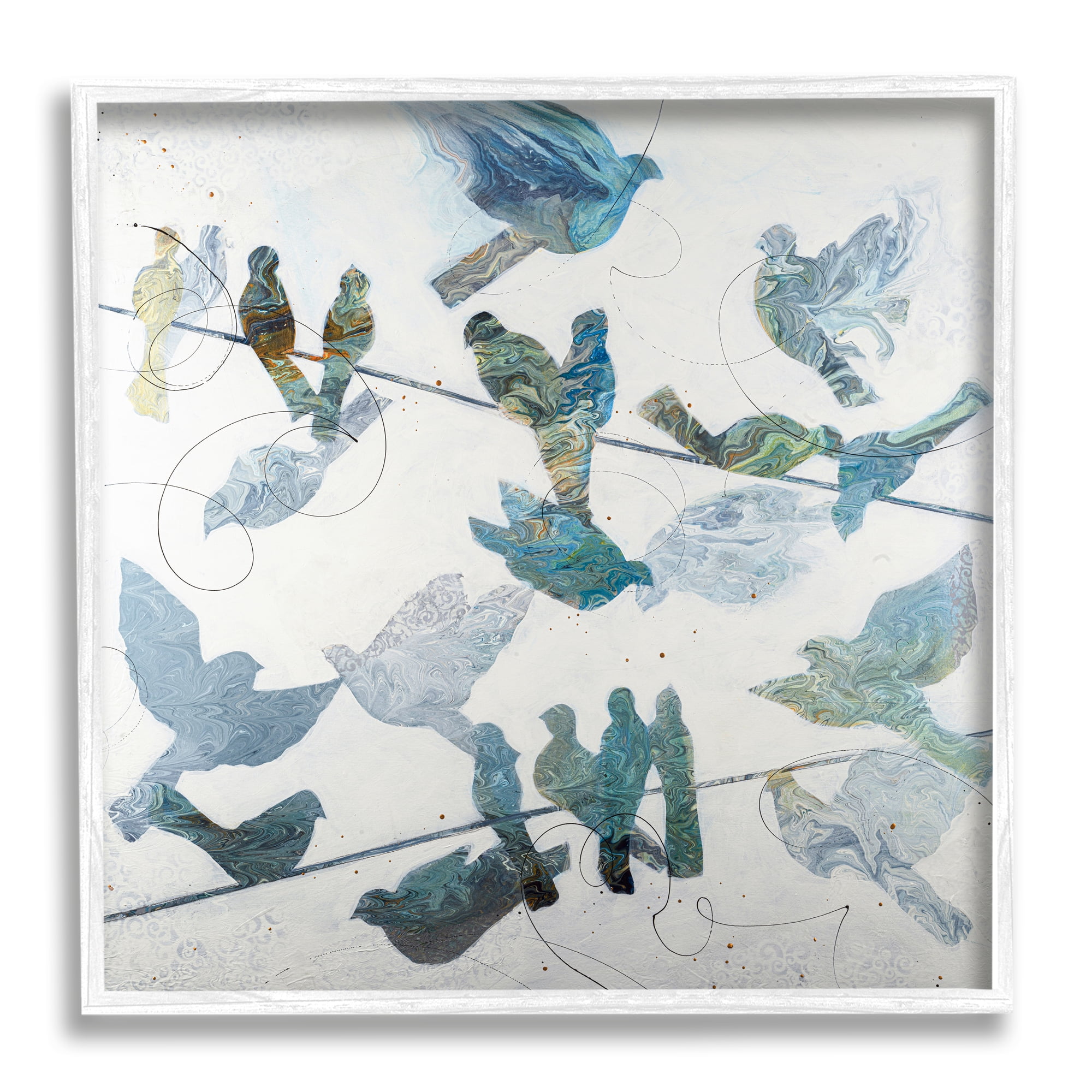 Stupell Industries Marbled Blue Birds Telephone Wire Speckled Collage Graphic Art White Framed Art Print Wall Art, Design by Ruth Fromstein