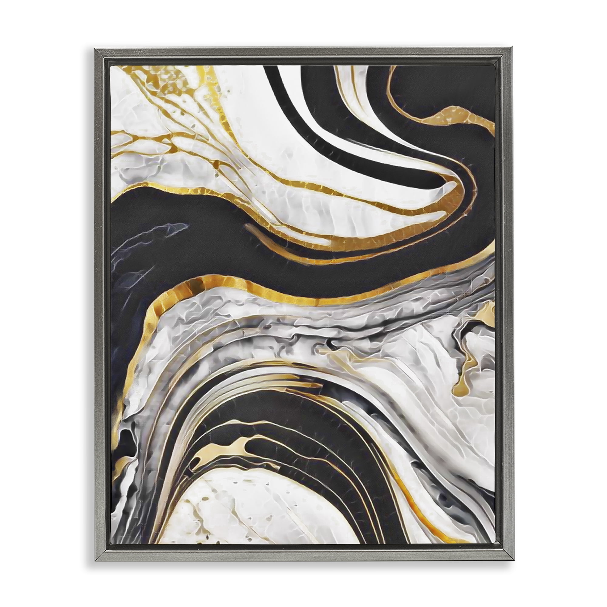 Stupell Industries Marbled Fluid Gold Accent Abstract Painting Gray Floater Framed Canvas Art Print Wall Art, 17 x 21