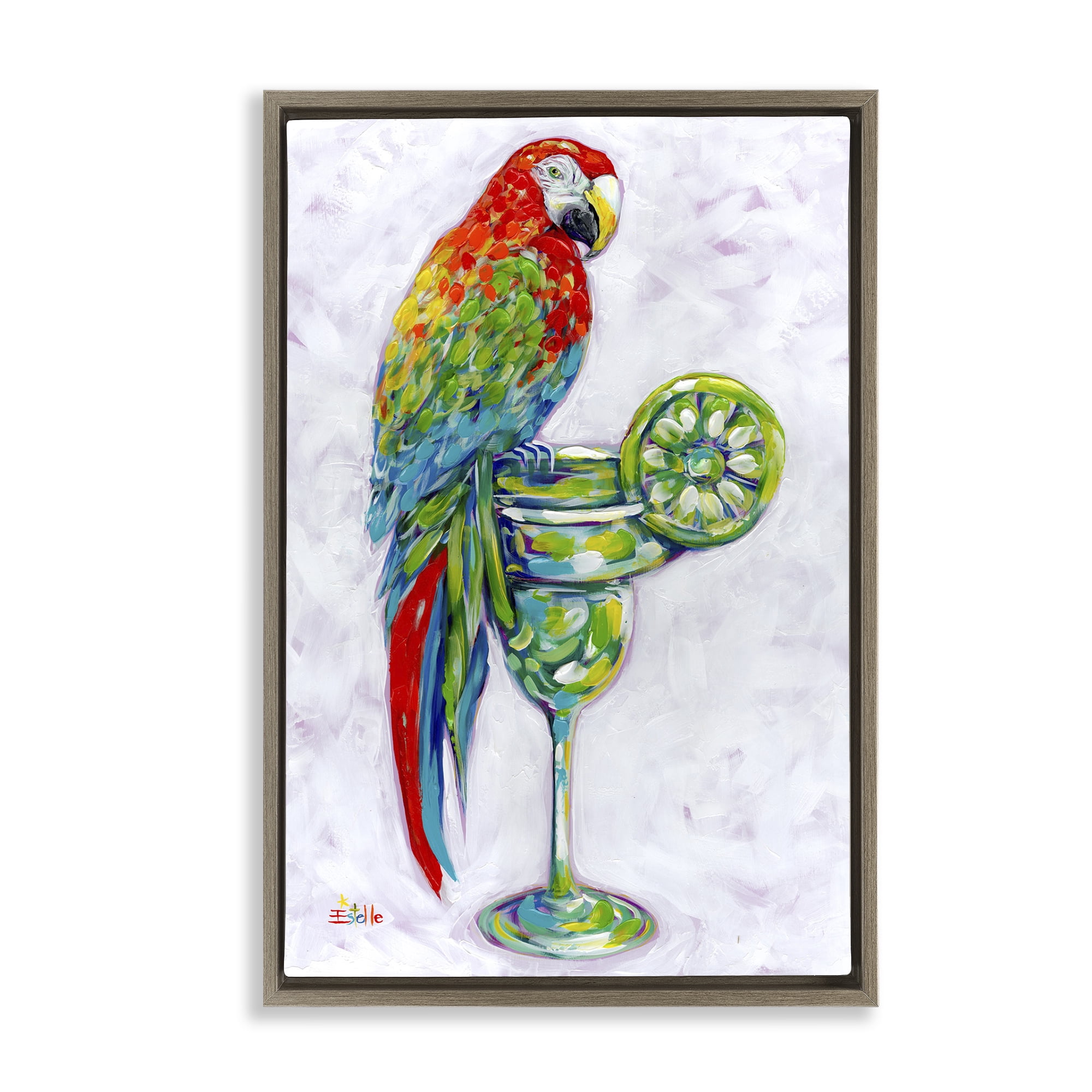 Stupell Industries Margarita Parrot Perched Food & Beverage Painting Brown Floater Framed Canvas Art Print Wall Art, 17 x 25