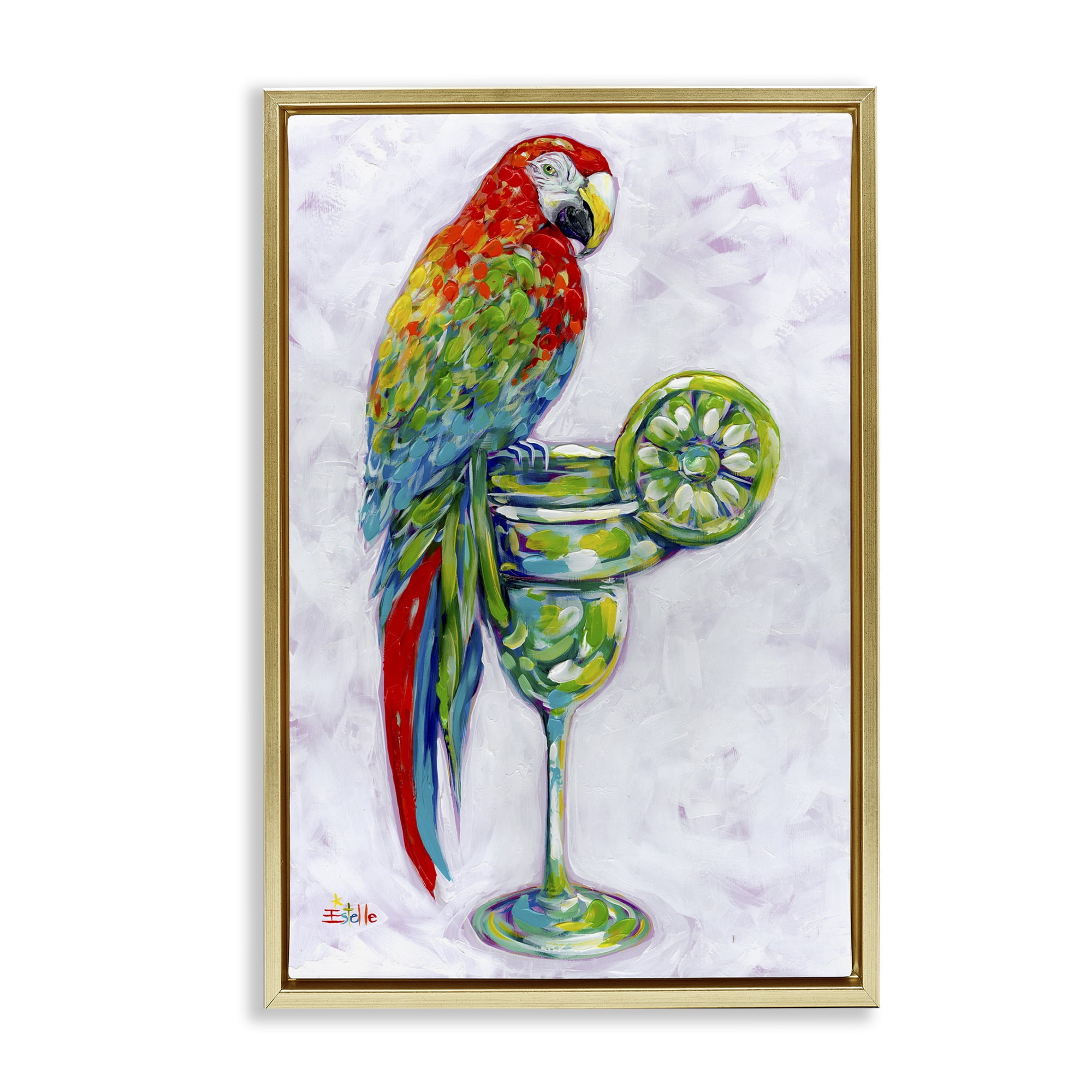 Stupell Industries Margarita Parrot Perched Food & Beverage Painting Gold Floater Framed Canvas Art Print Wall Art, 21 x 31