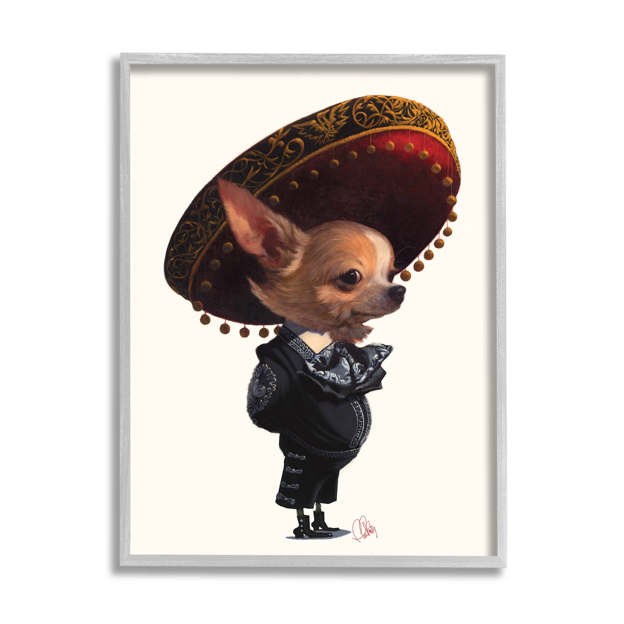 Stupell Industries Mariachi Chihuahua with Sombrero Adorable Pet Dog Graphic Art Gray Framed Art Print Wall Art, 11x14, by Thomas Fluharty
