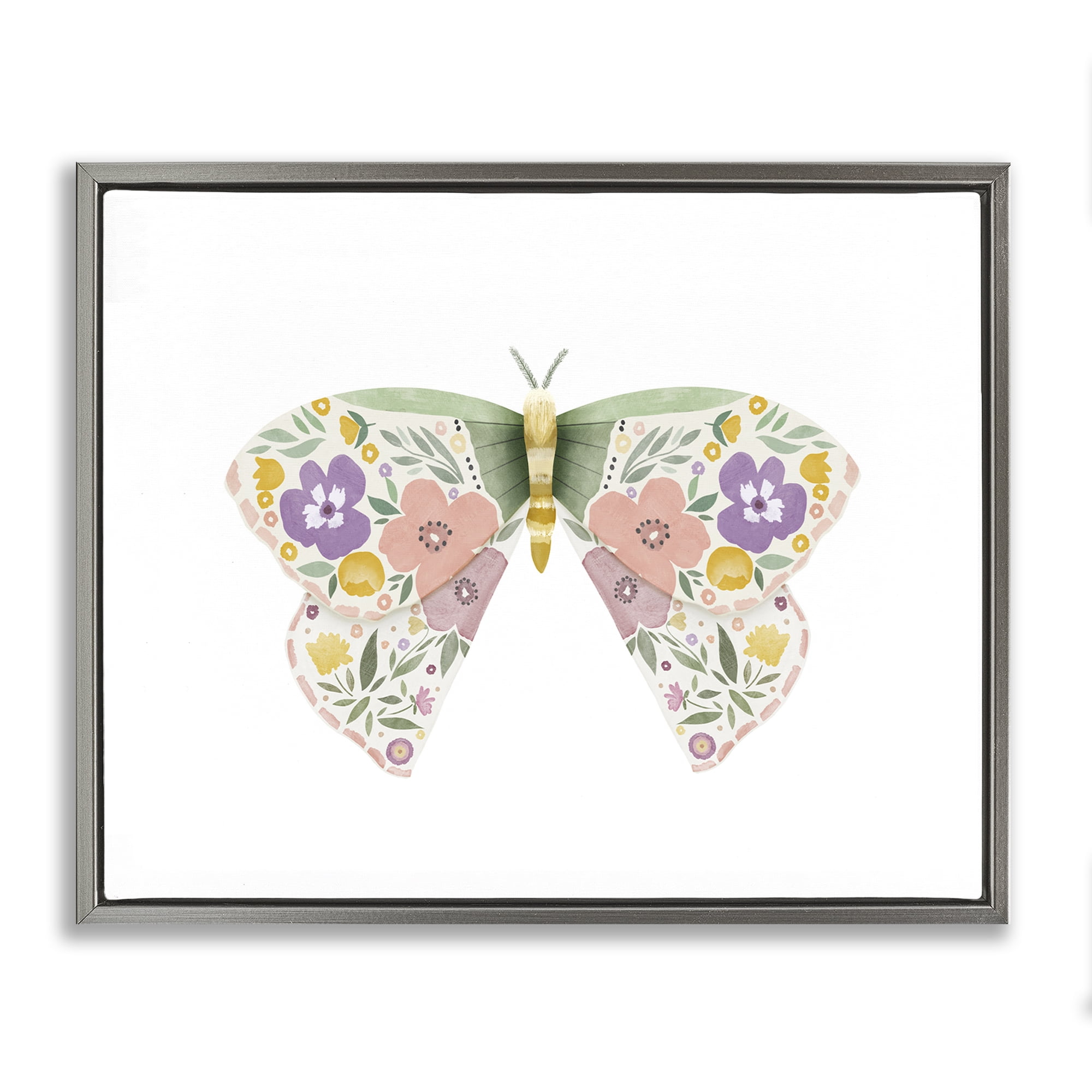 Stupell Industries Marigold Floral Moth Insects Painting Gray Floater Framed Canvas Art Print Wall Art, 21 x 17